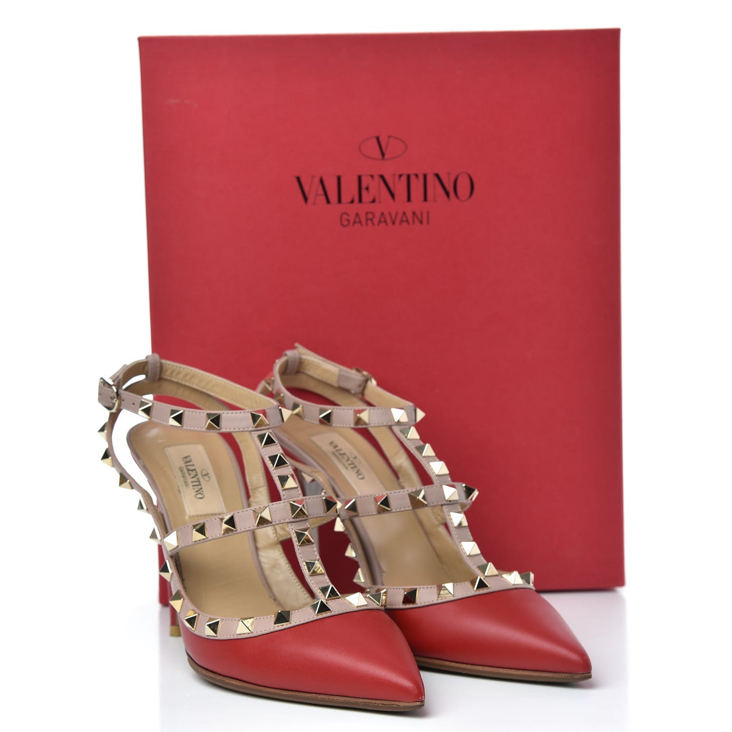Nappa Rockstud Ankle Strap Pumps 38 Red Poudre