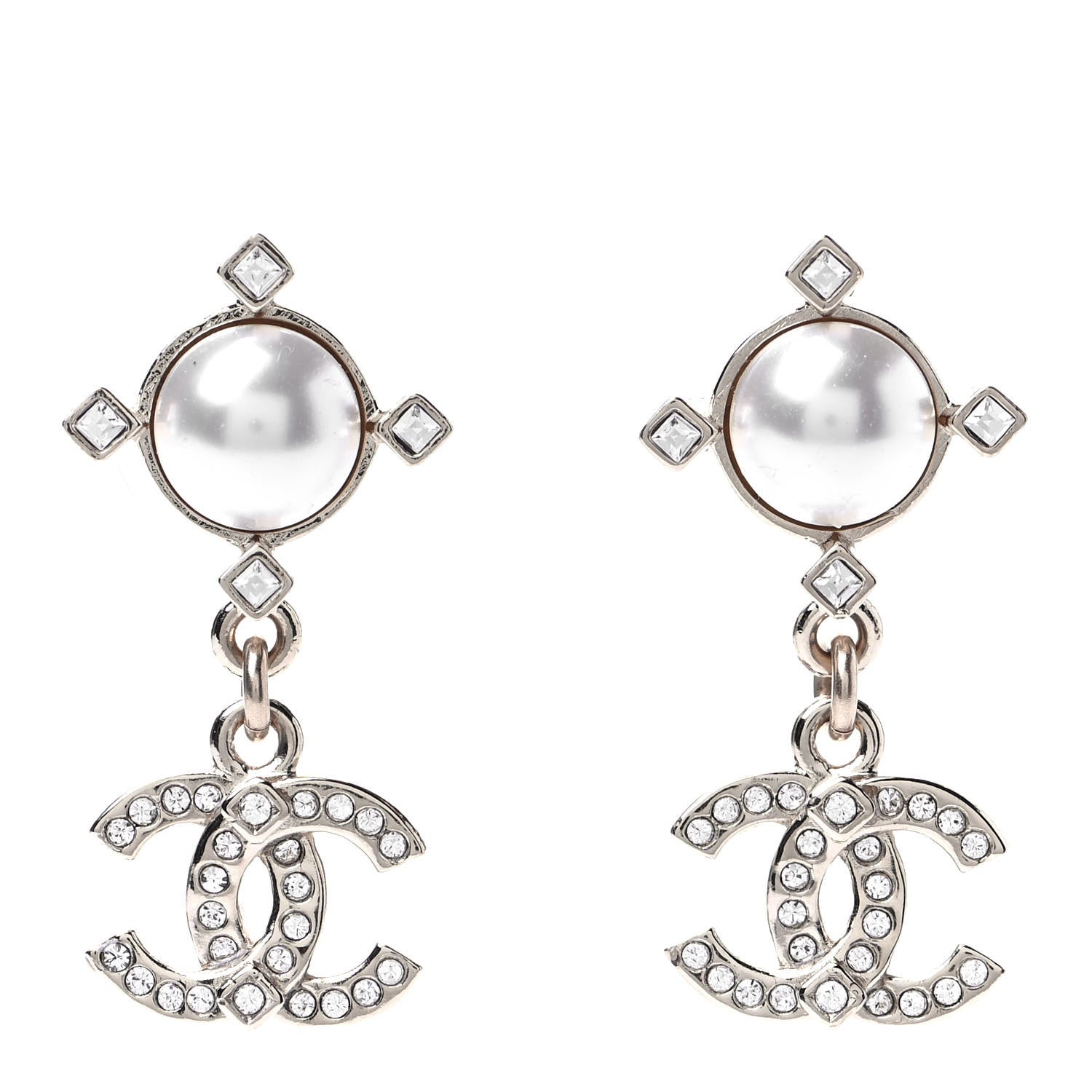 Chanel Crystal Pearl CC Drop Earrings Gold 1 of 4