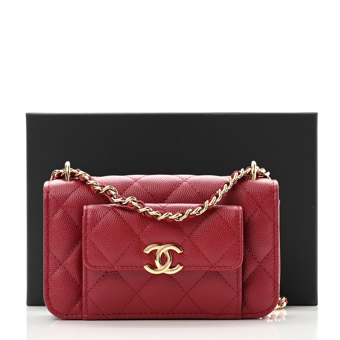 Caviar Quilted Pocket Twins Clutch With Chain Burgundy