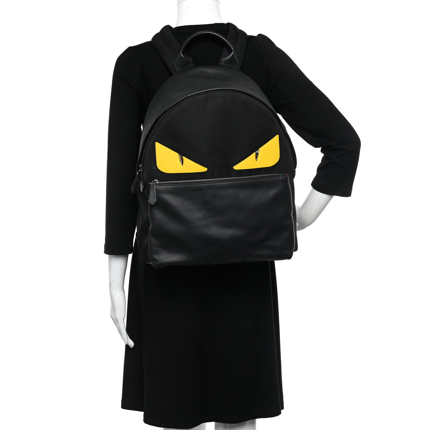 Fendi Nylon Vitello Liberty Vitello Dolce Monster Eyes Rounded Backpack Black Sunflower 3 of 13