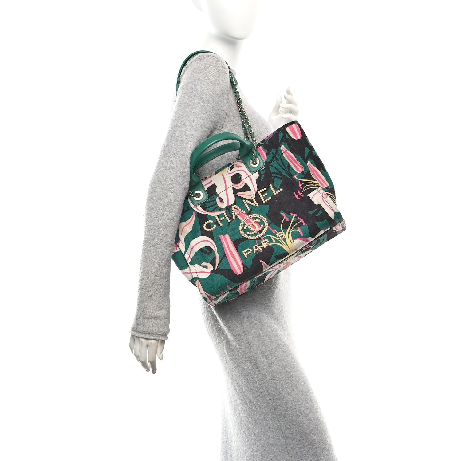 Chanel Velvet Calfskin Beaded Small Deauville Tote Pink Green Black 2 of 12