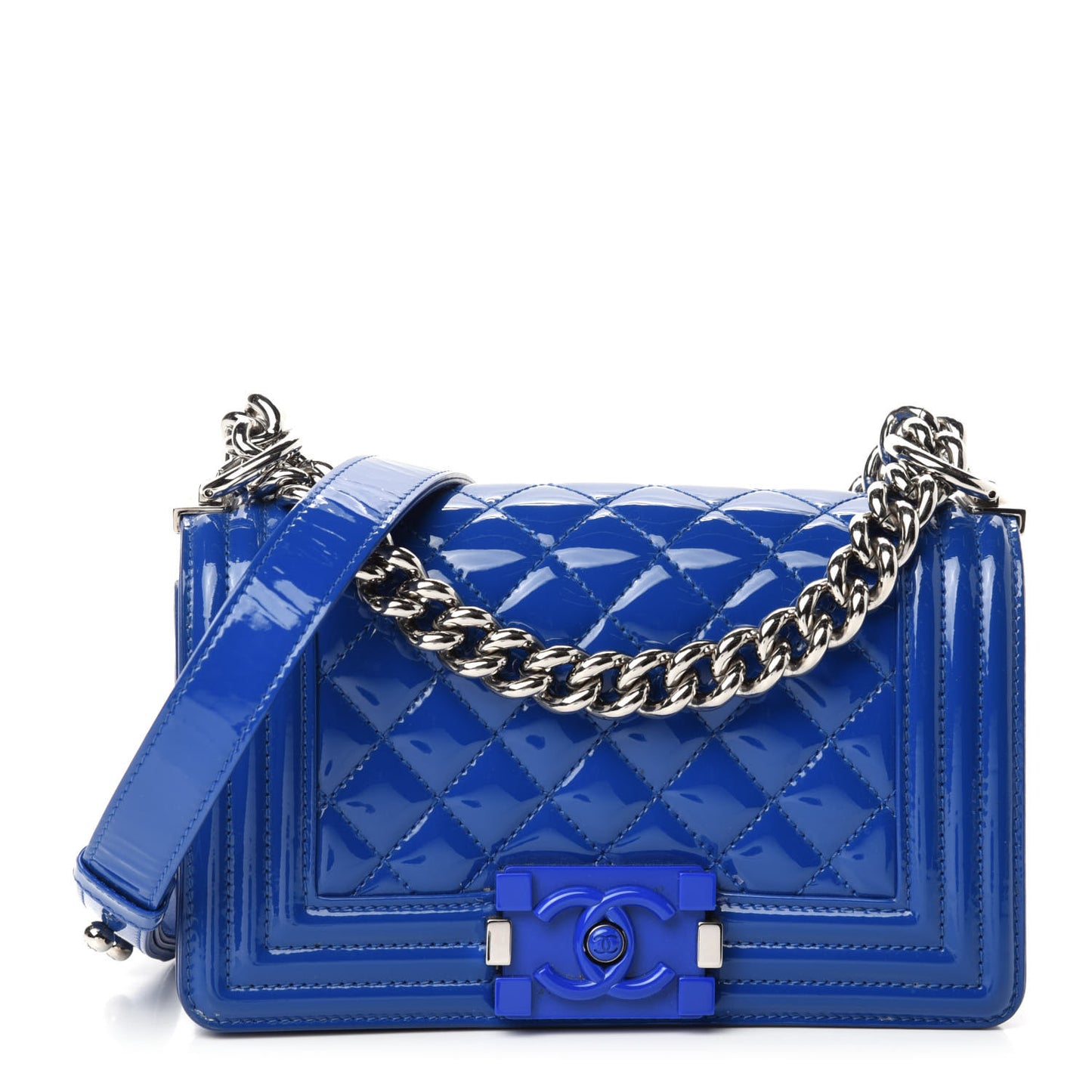 Patent Calfskin Quilted Small Plexiglass Boy Flap Blue