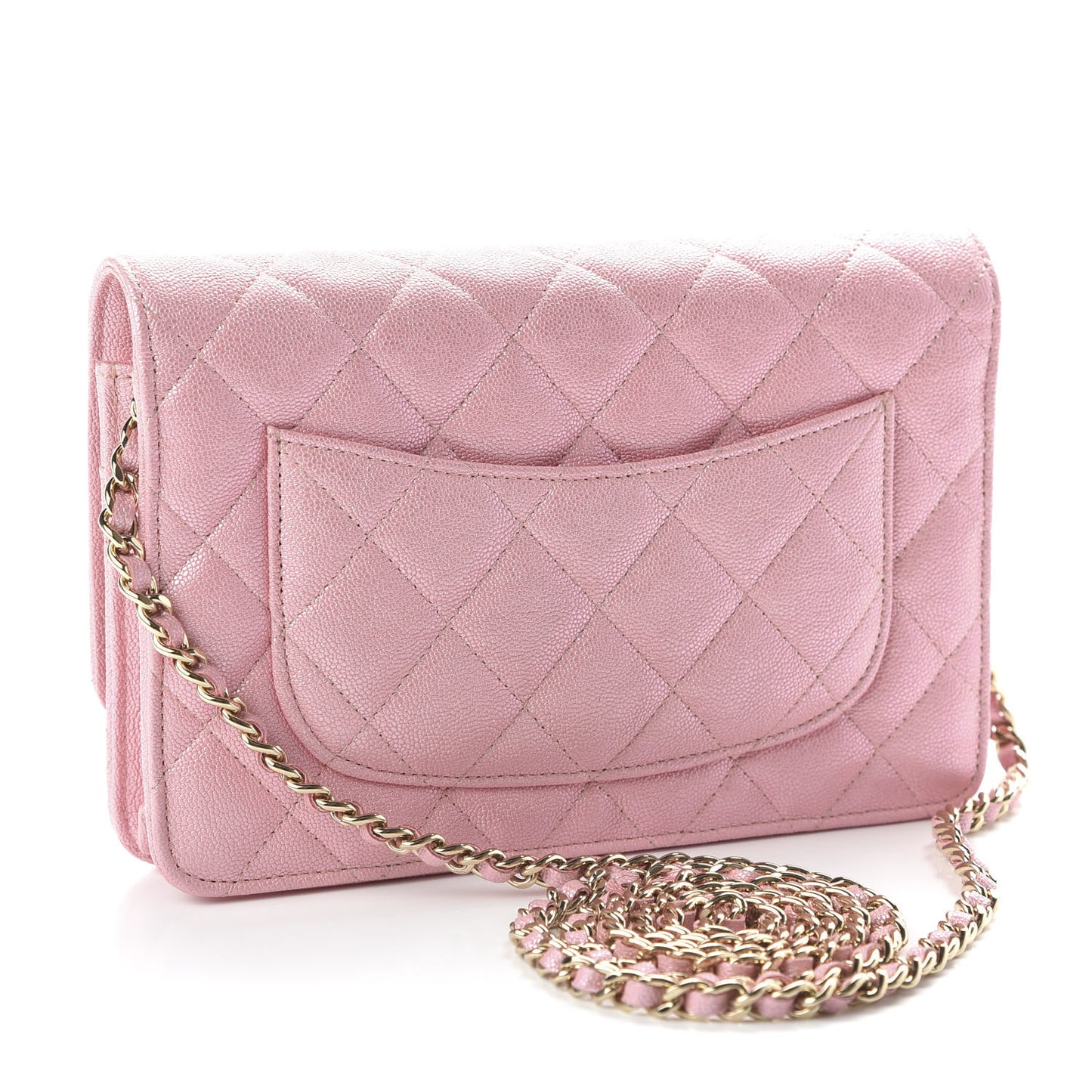 Iridescent Caviar Quilted Wallet on Chain WOC Rose Pink