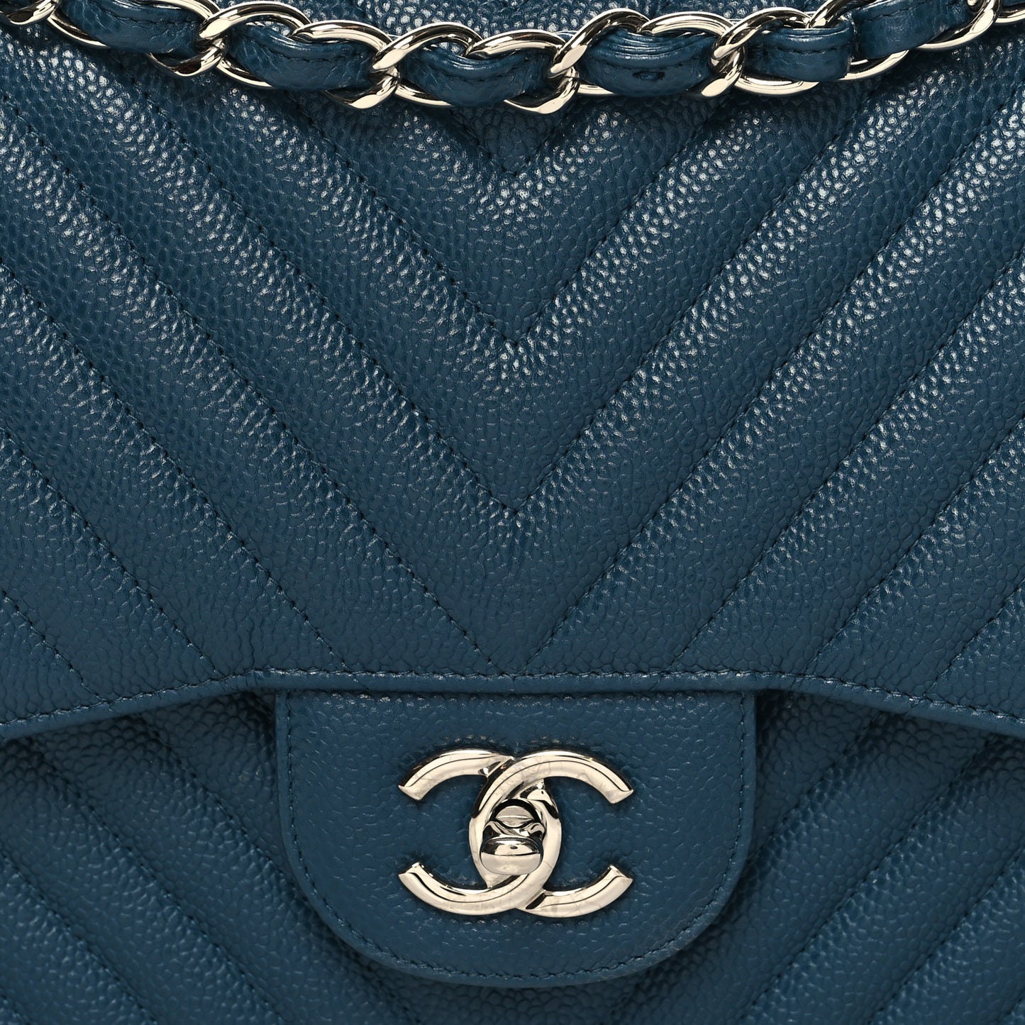 Caviar Chevron Quilted Jumbo Double Flap Blue