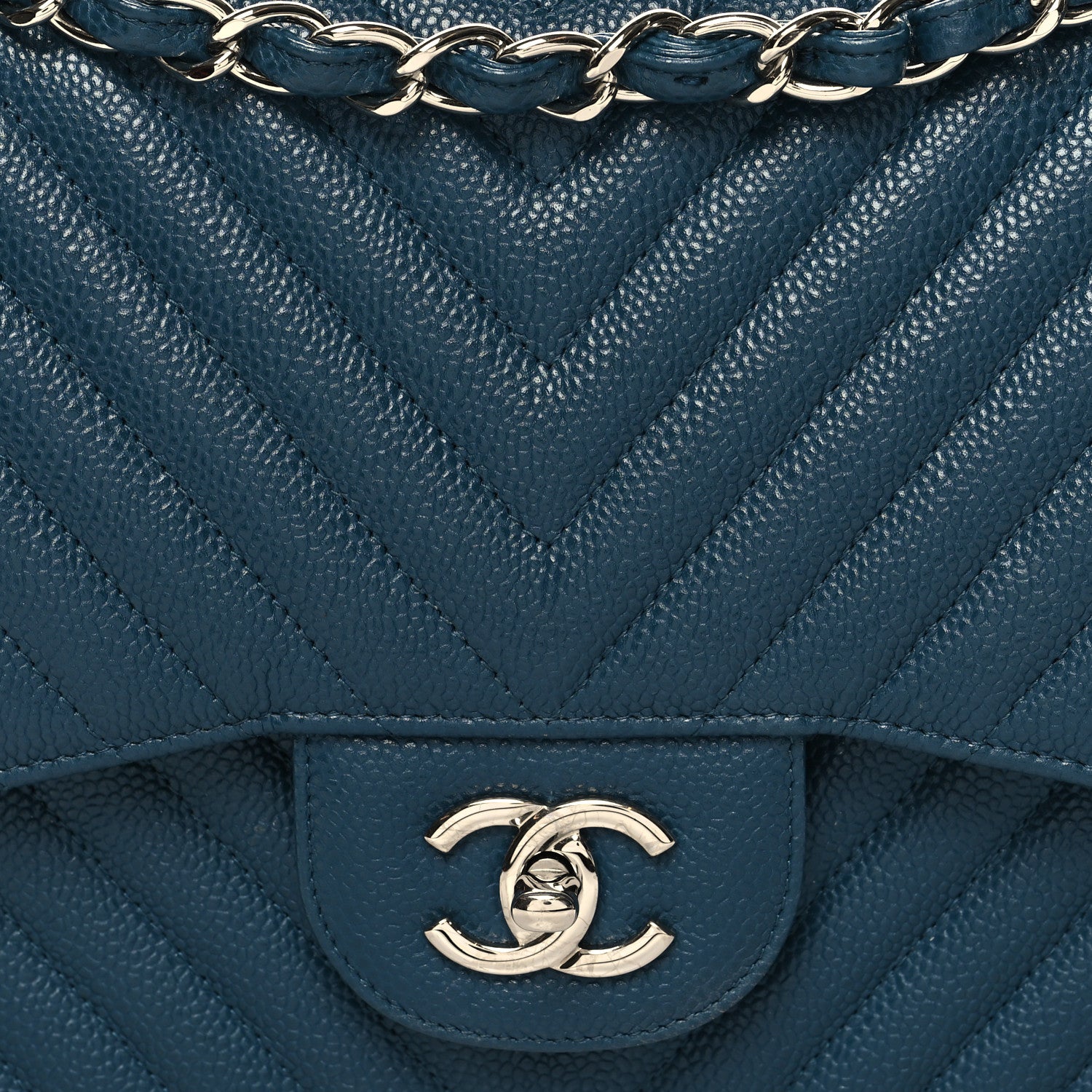 Chanel Caviar Chevron Quilted Jumbo Double Flap Blue 8 of 11