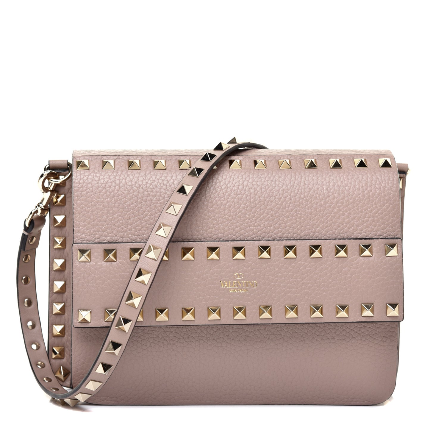 Pebbled Calfskin Rockstud Side Slip Crossbody Poudre