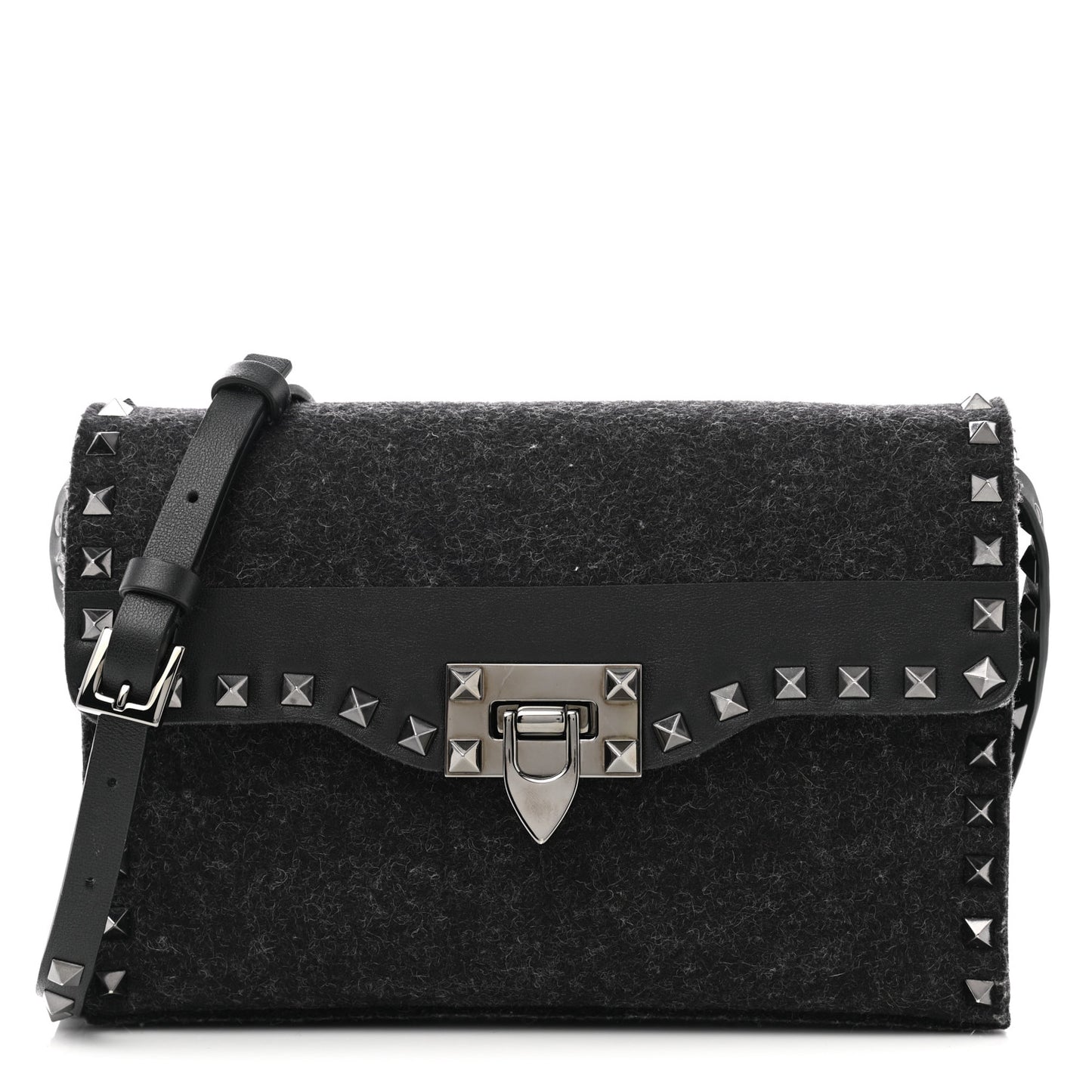 Wool Calfskin Medium Rockstud Flip Lock Crossbody Bag Black