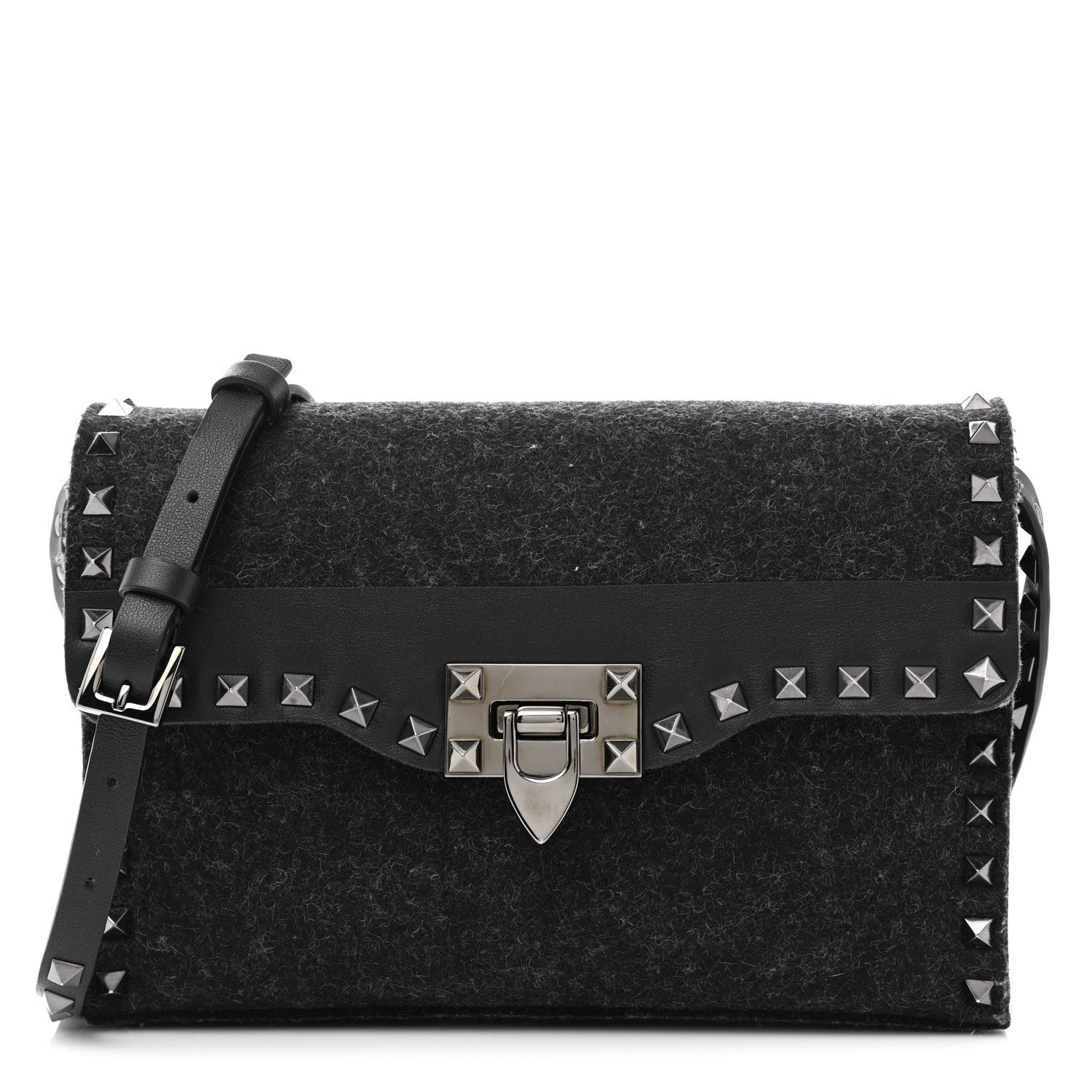 Valentino Garavani Wool Calfskin Medium Rockstud Flip Lock Crossbody Bag Black 1 of 9