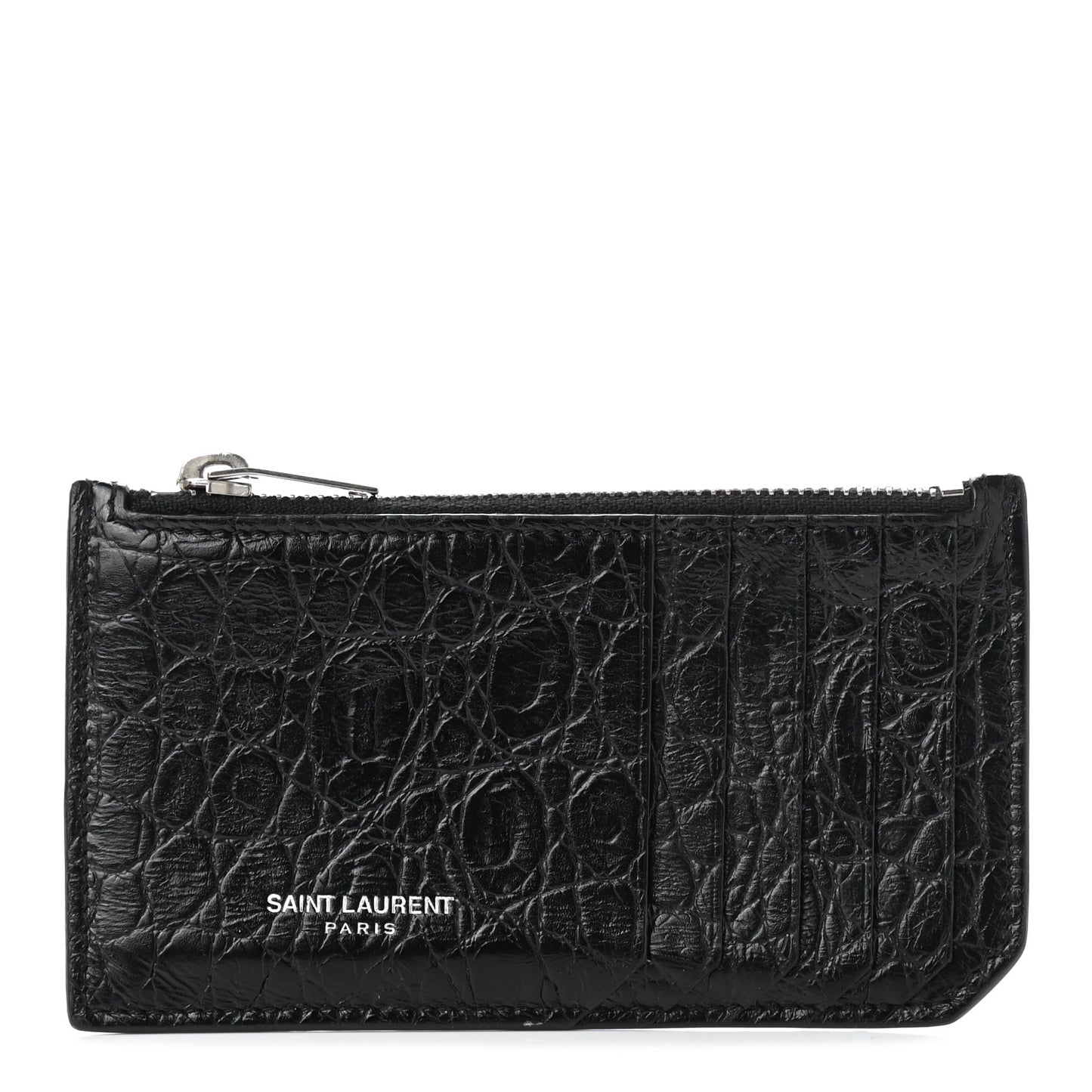 Calfskin Crocodile Embossed 5 Fragments Zip Pouch Card Holder Black