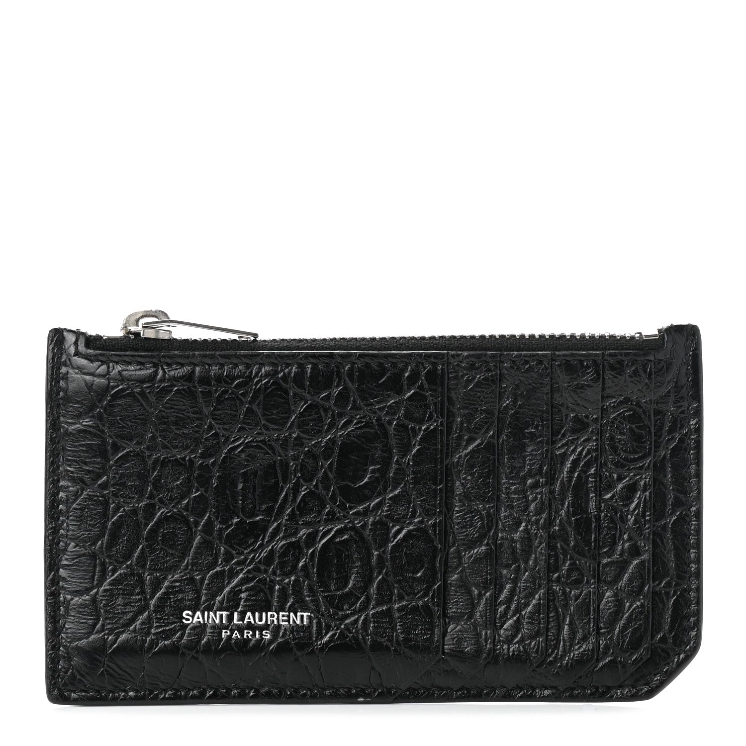 Saint Laurent Calfskin Crocodile Embossed 5 Fragments Zip Pouch Card Holder Black 1 of 8