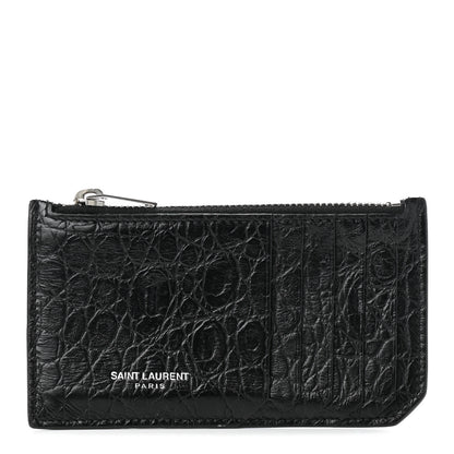 Saint Laurent Calfskin Crocodile Embossed 5 Fragments Zip Pouch Card Holder Black 1 of 8