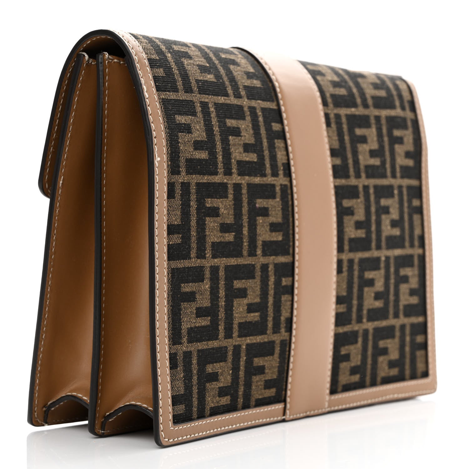 Fendi Recycled Fabric Jacquard Vitello King FF 1974 Soft Trunk Flap Clutch Tobacco Moro Sand 3 of 11