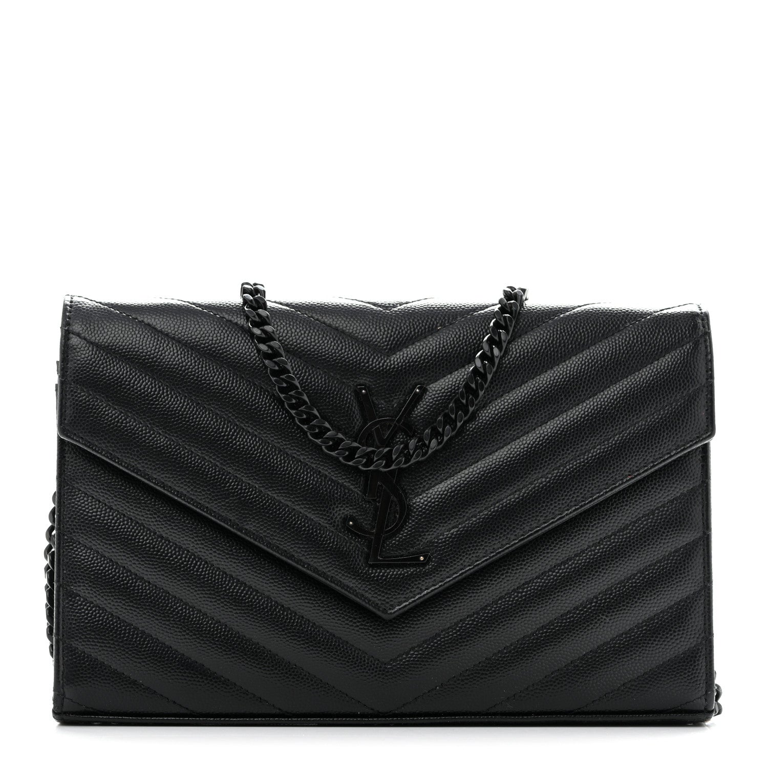 Saint Laurent Grain De Poudre Matelasse Chevron Monogram Monochrome Envelope Chain Wallet Black 1 of 14