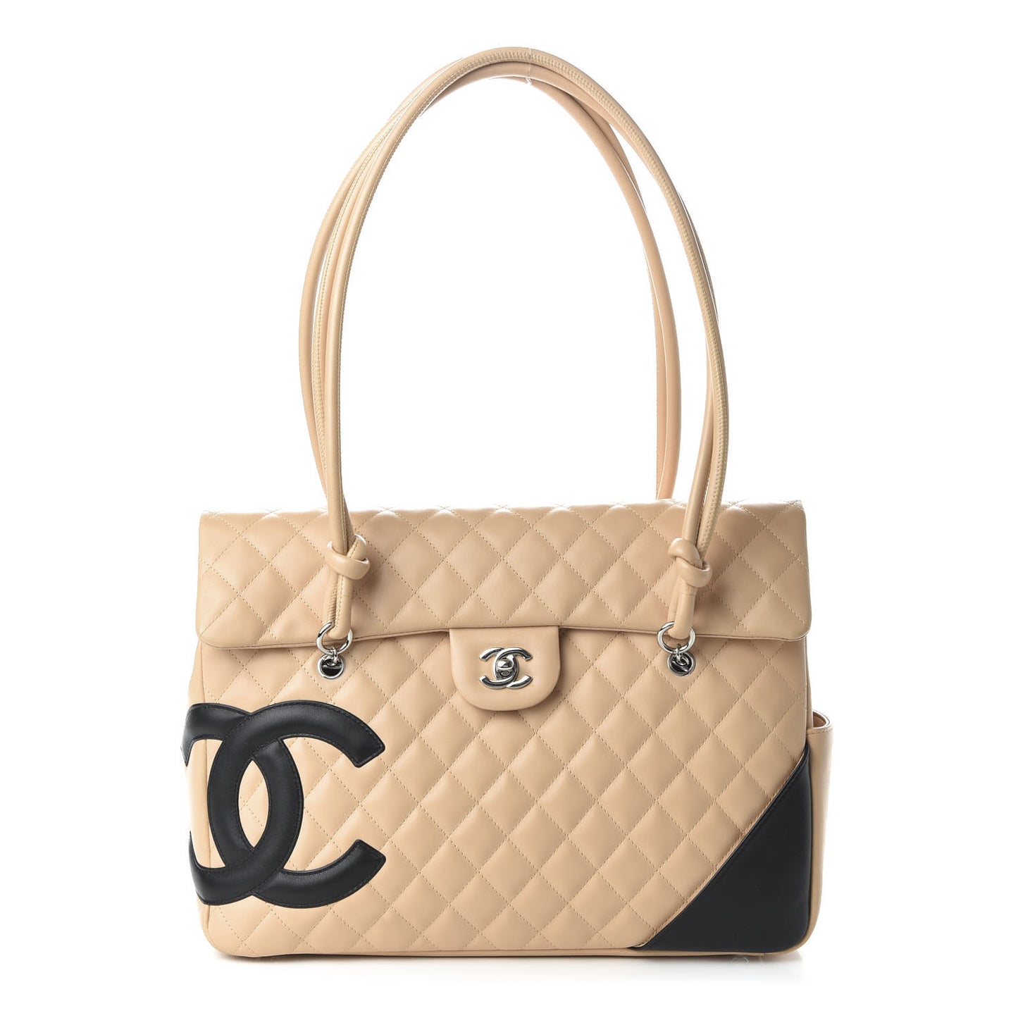 Calfskin Quilted Large Cambon Flap Beige Black