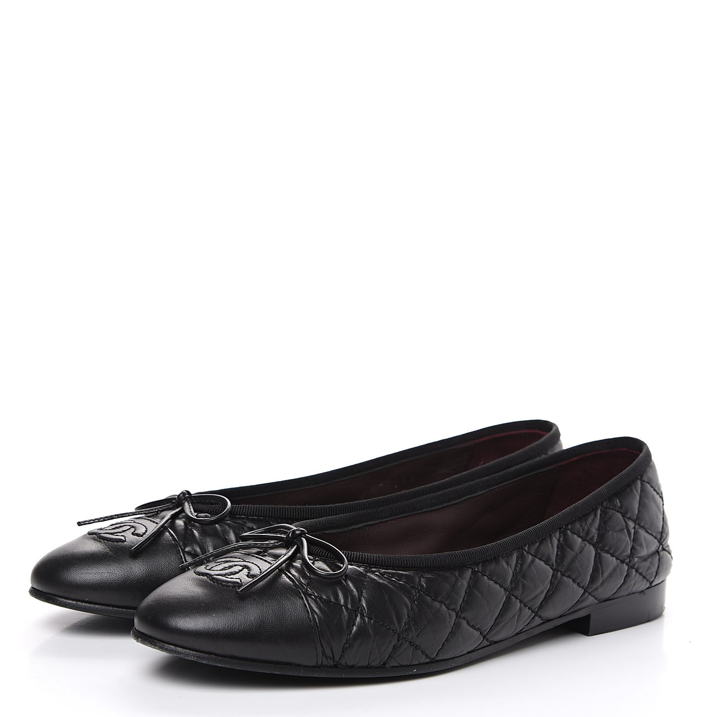 Aged Calfskin Quilted Cap Toe Ballerina Flats 38.5 Black