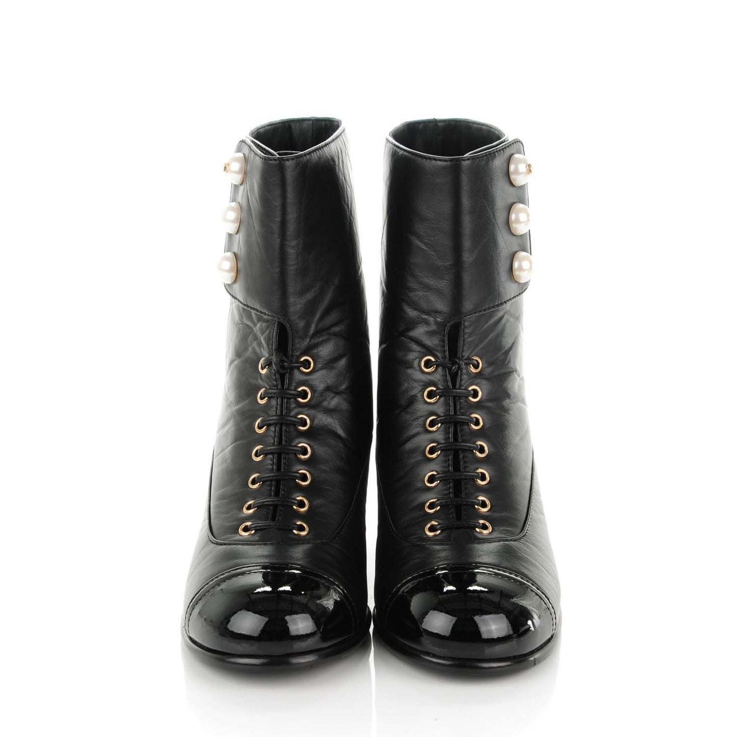 Calfskin Patent Pearl Short Boots 36 Black Gold