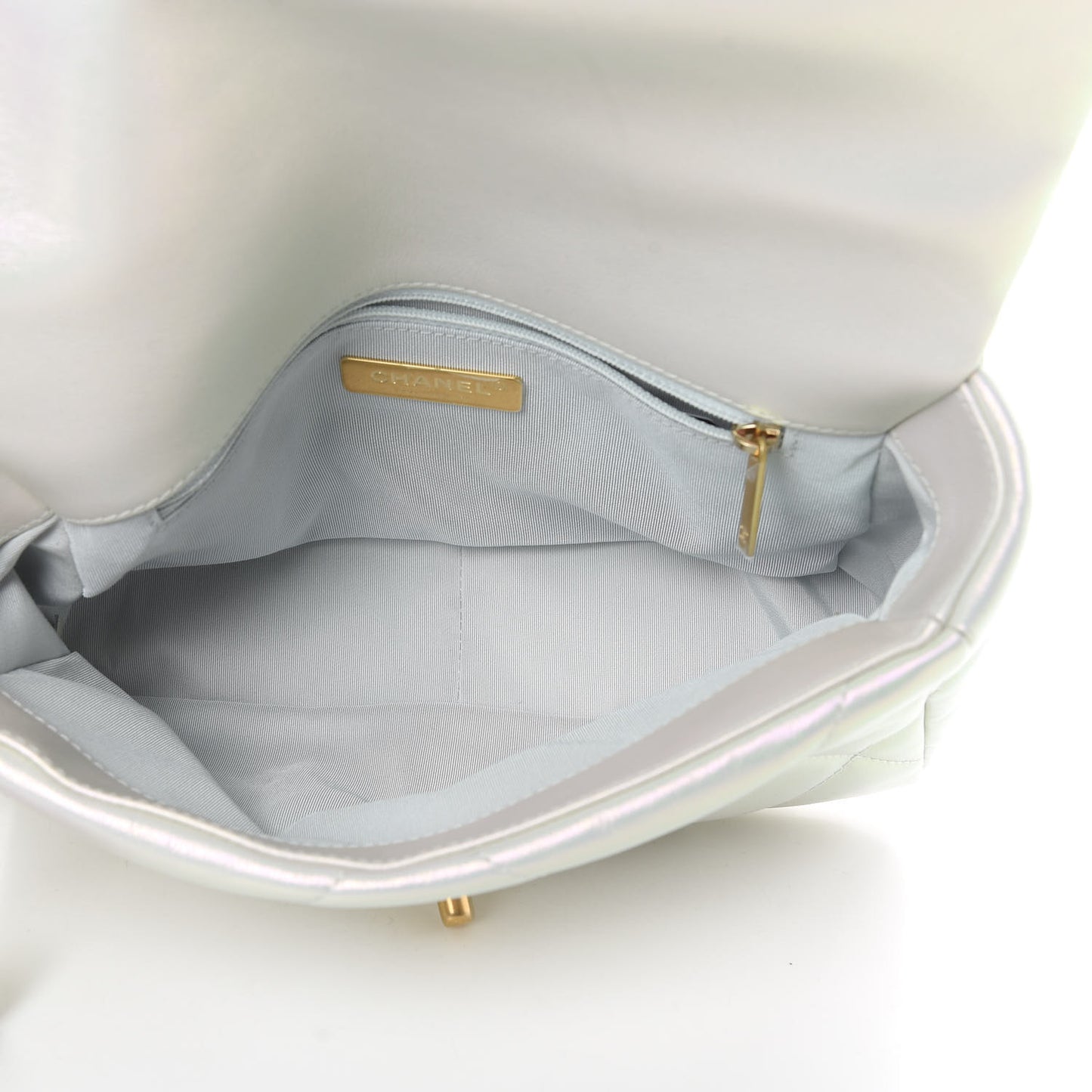 Iridescent Calfskin Quilted Medium Chanel 19 Flap White
