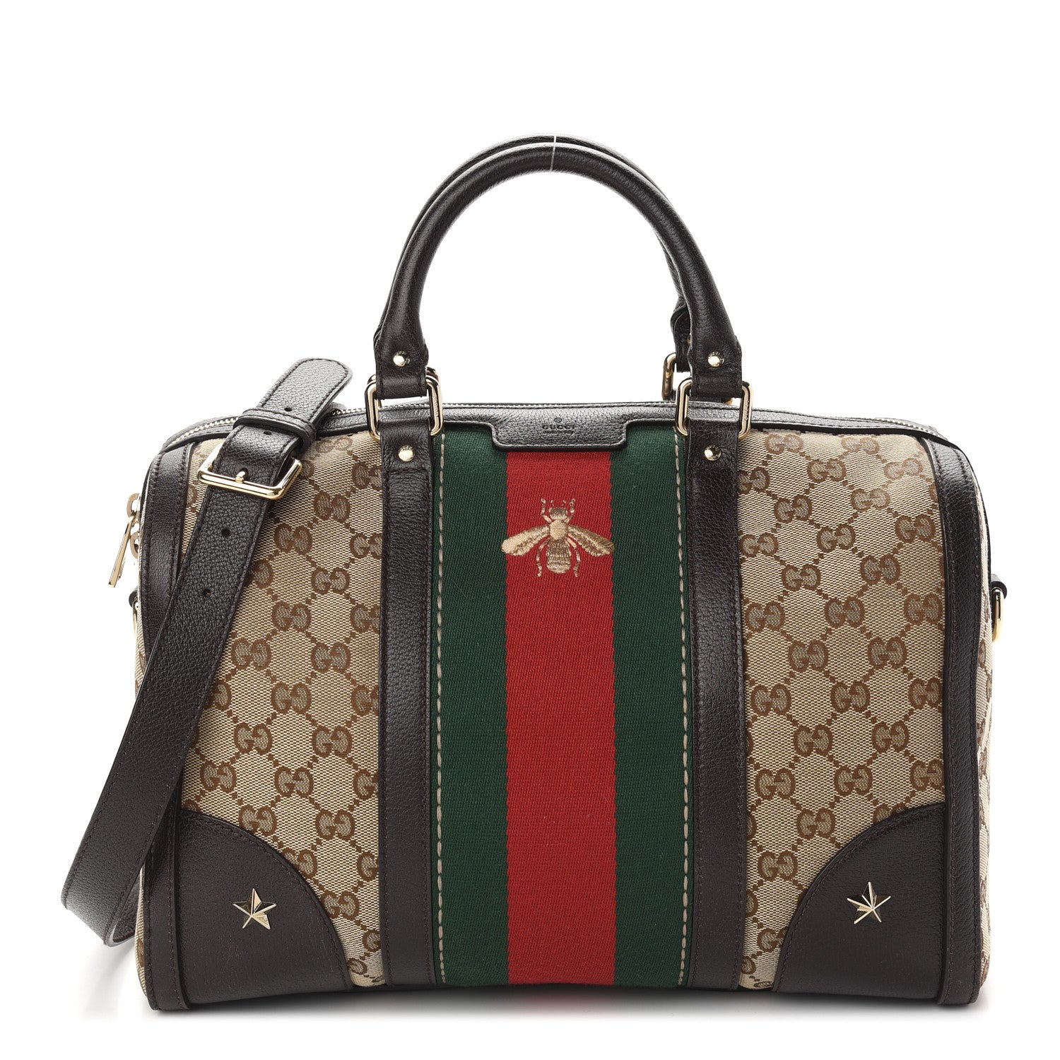 Gucci Monogram Vintage Web Medium Webby Bee Boston Dark Brown 1 of 13