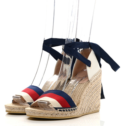 Gucci Canvas Sylvie Web Ankle Wrap Espadrille Wedge Sandals 37.5 Mystic White Hibiscus Red Maritime 3 of 10