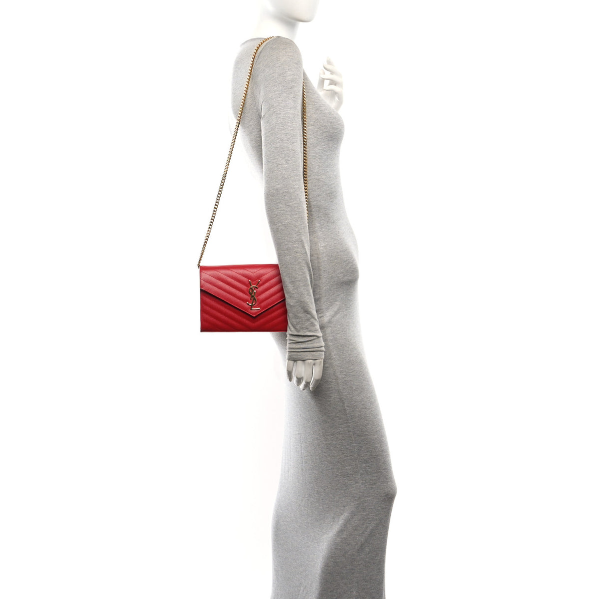 Saint Laurent Grain De Poudre Matelasse Chevron Monogram Chain Wallet Red 2 of 10
