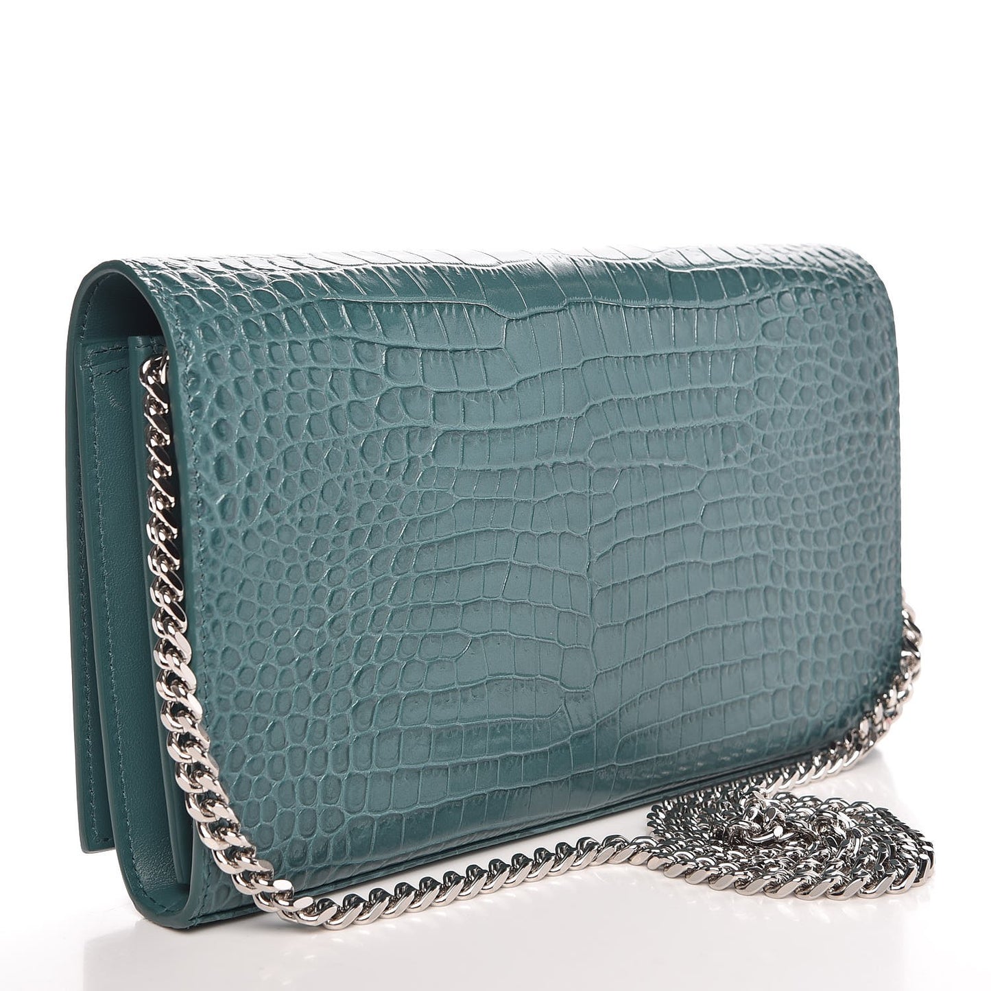 Calfskin Crocodile Embossed Monogram Chain Wallet Water Green