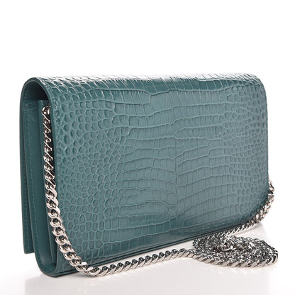 Saint Laurent Calfskin Crocodile Embossed Monogram Chain Wallet Water Green 3 of 9