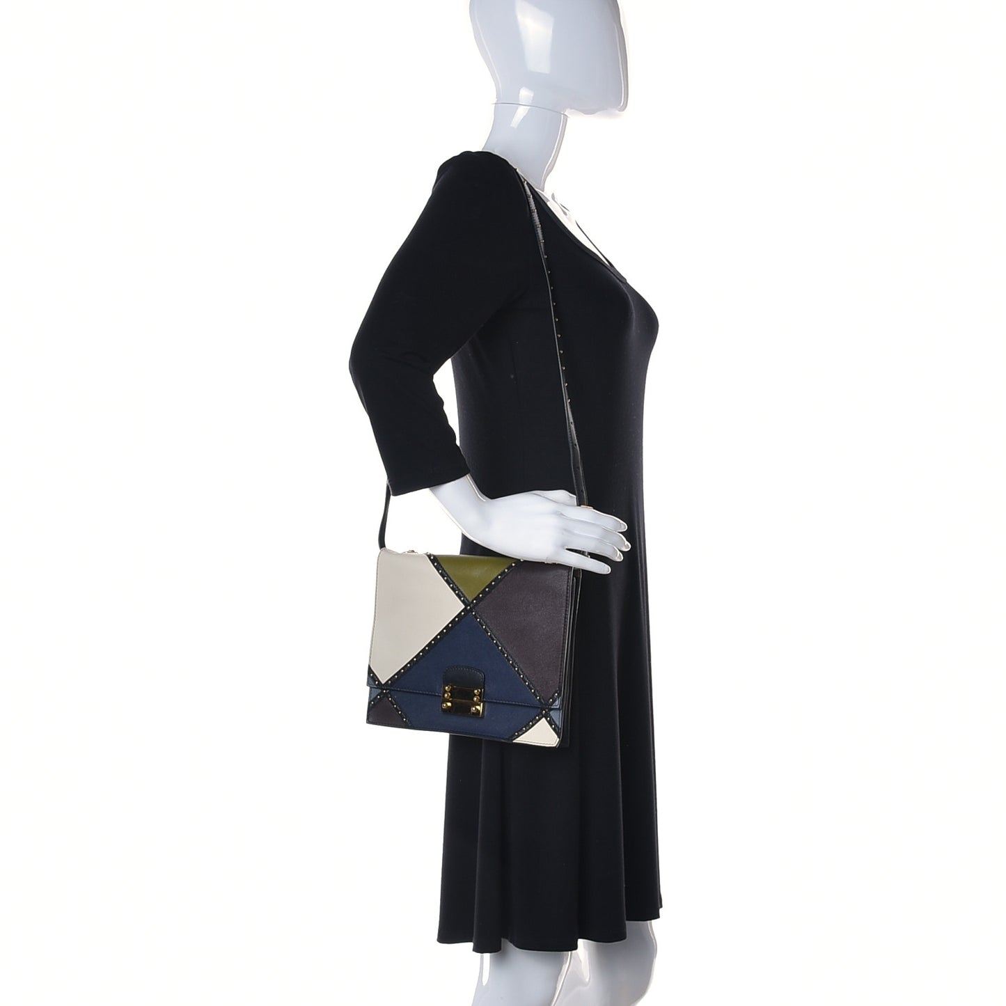 Calfskin Studded Colorblock Patchwork Shoulder Bag Multicolor