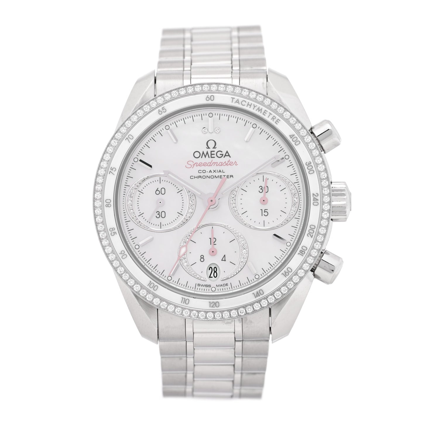Stainless Steel Diamond Bezel Mother of Pearl 38mm Speedmaster Chronograph Automatic Watch 324.38.38.50.55.001