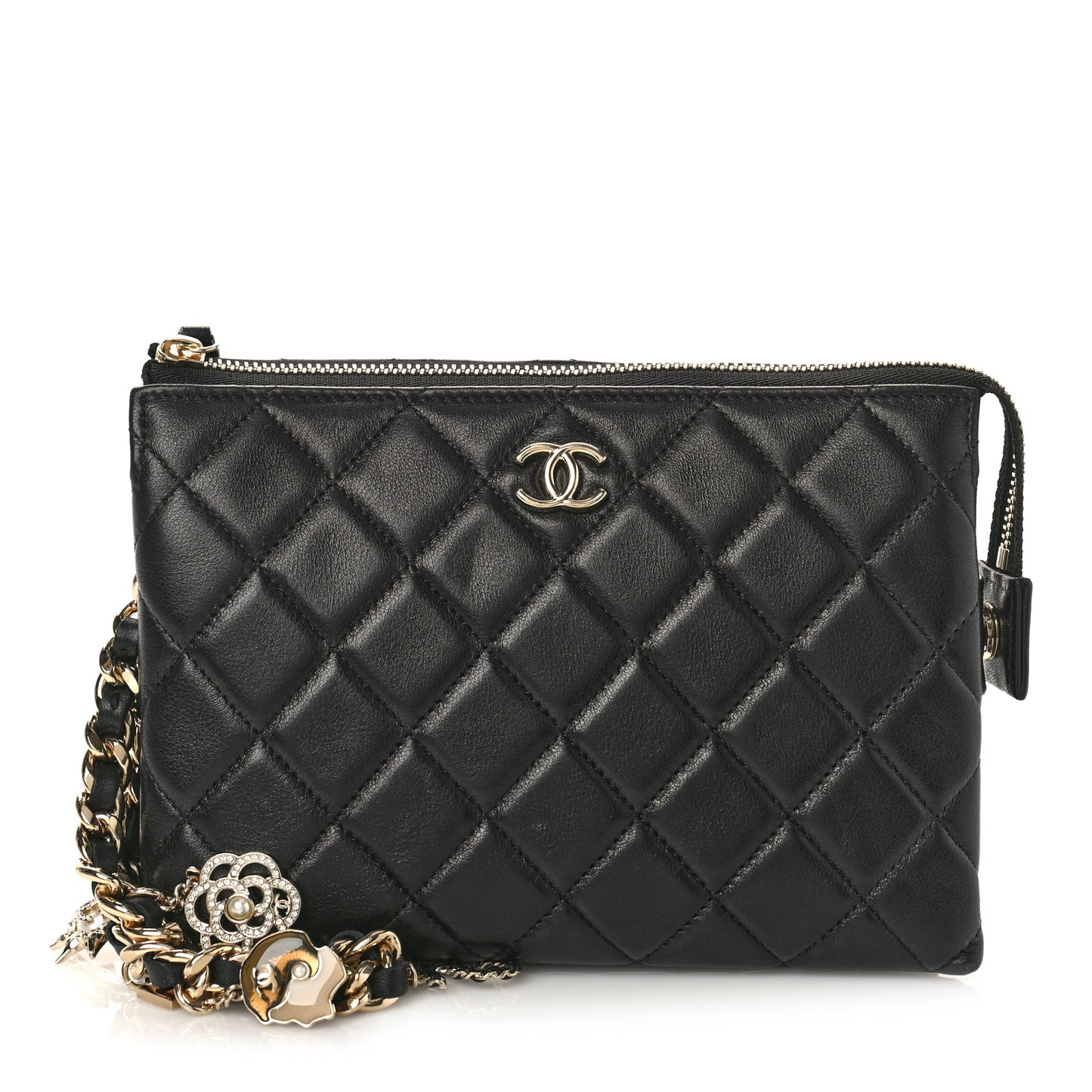 Lambskin Coco Charms Quilted Pouch Bag Black