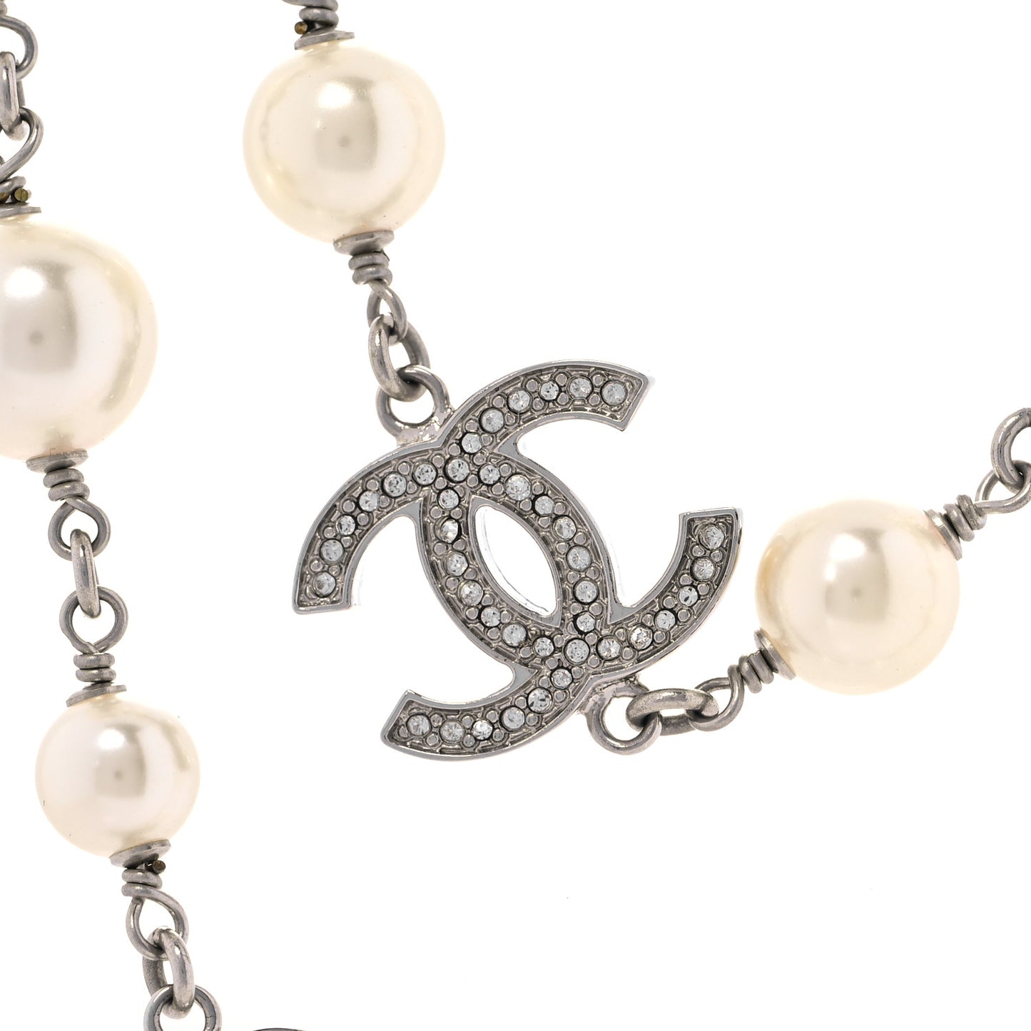Graduated Pearl Crystal CC Long Necklace Silver