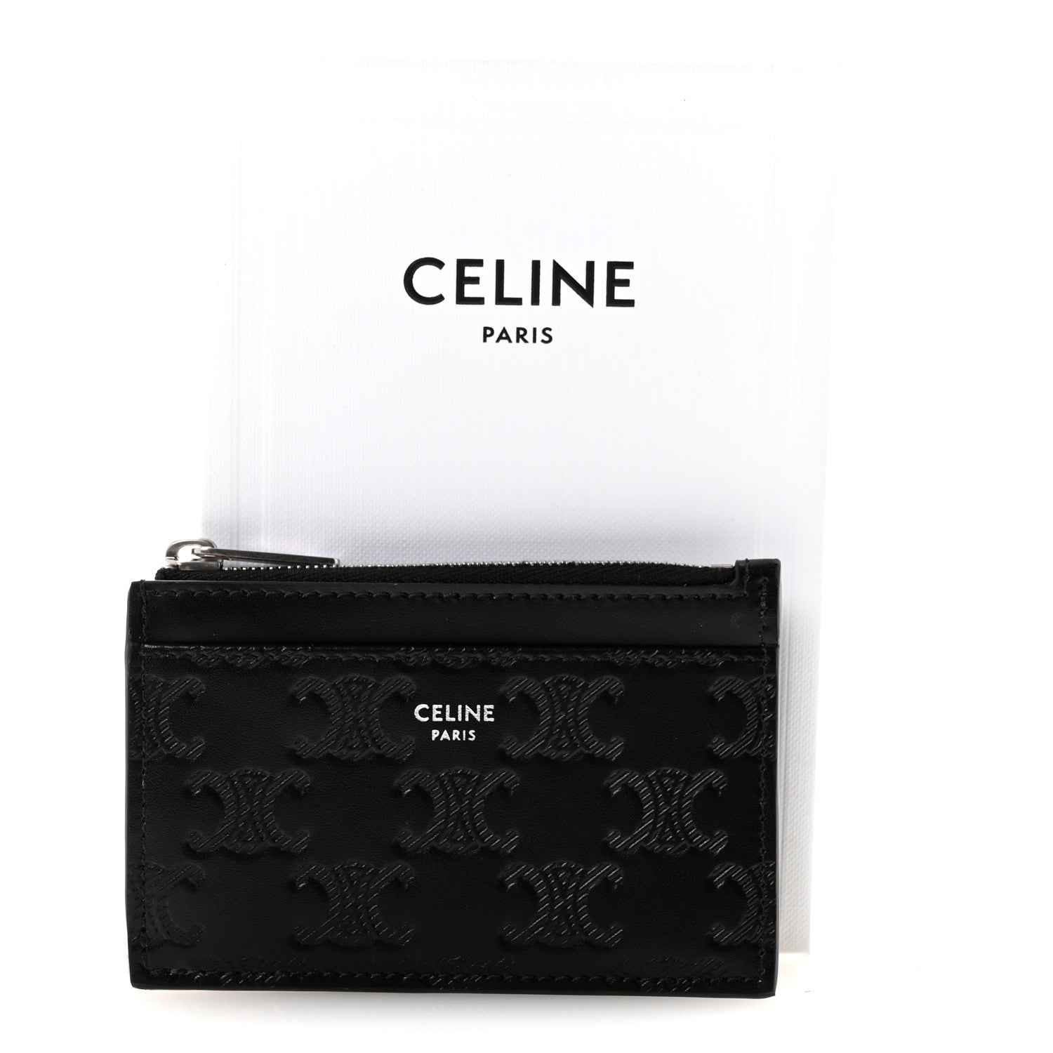 Celine Calfskin Triomphe Embossed Zipped Card Holder Black 1801238