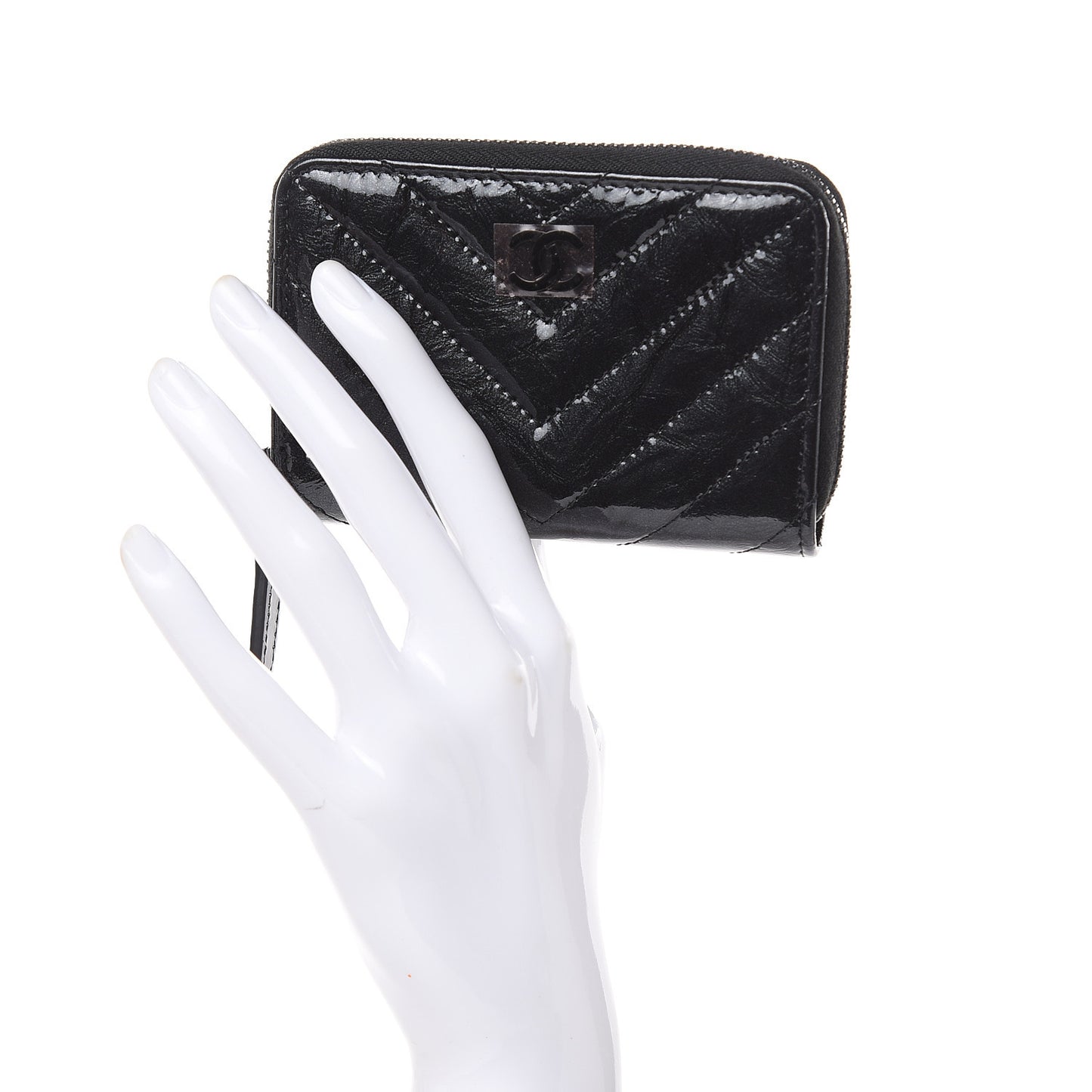 Patent Metallic Crumpled Calfskin Chevron Quilted Coin Purse So Black