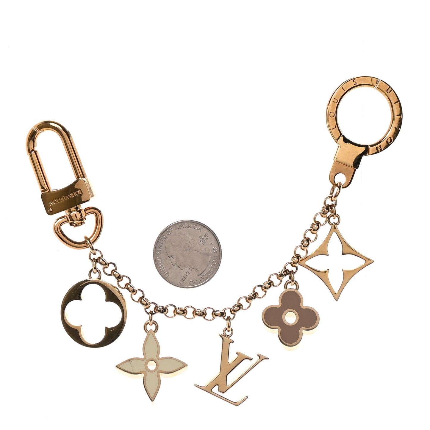 Brass Enamel Fleur De Monogram Bag Charm Chain Gold