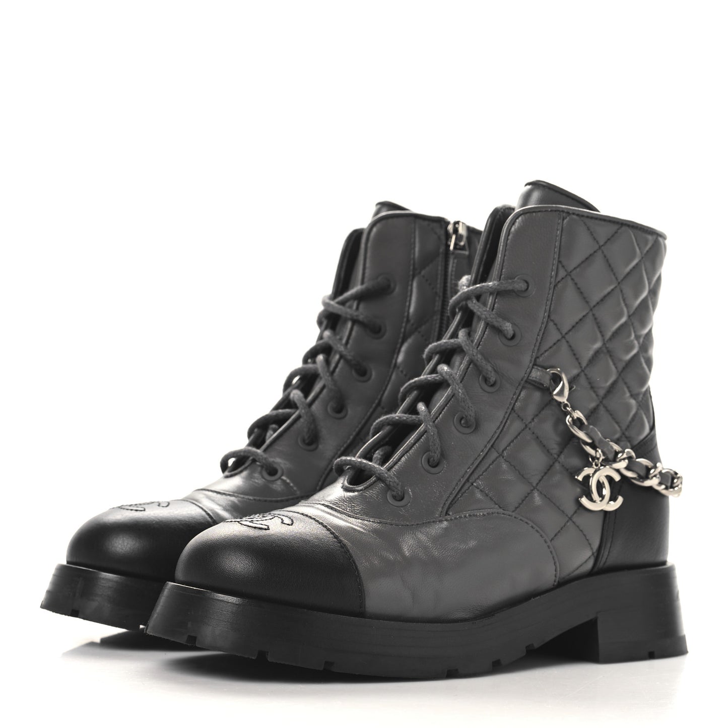 Calfskin Quilted Chain Lace Up Combat Boots 36.5 Grey Black
