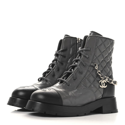 Chanel Calfskin Quilted Chain Lace Up Combat Boots 36.5 Grey Black 4 of 8