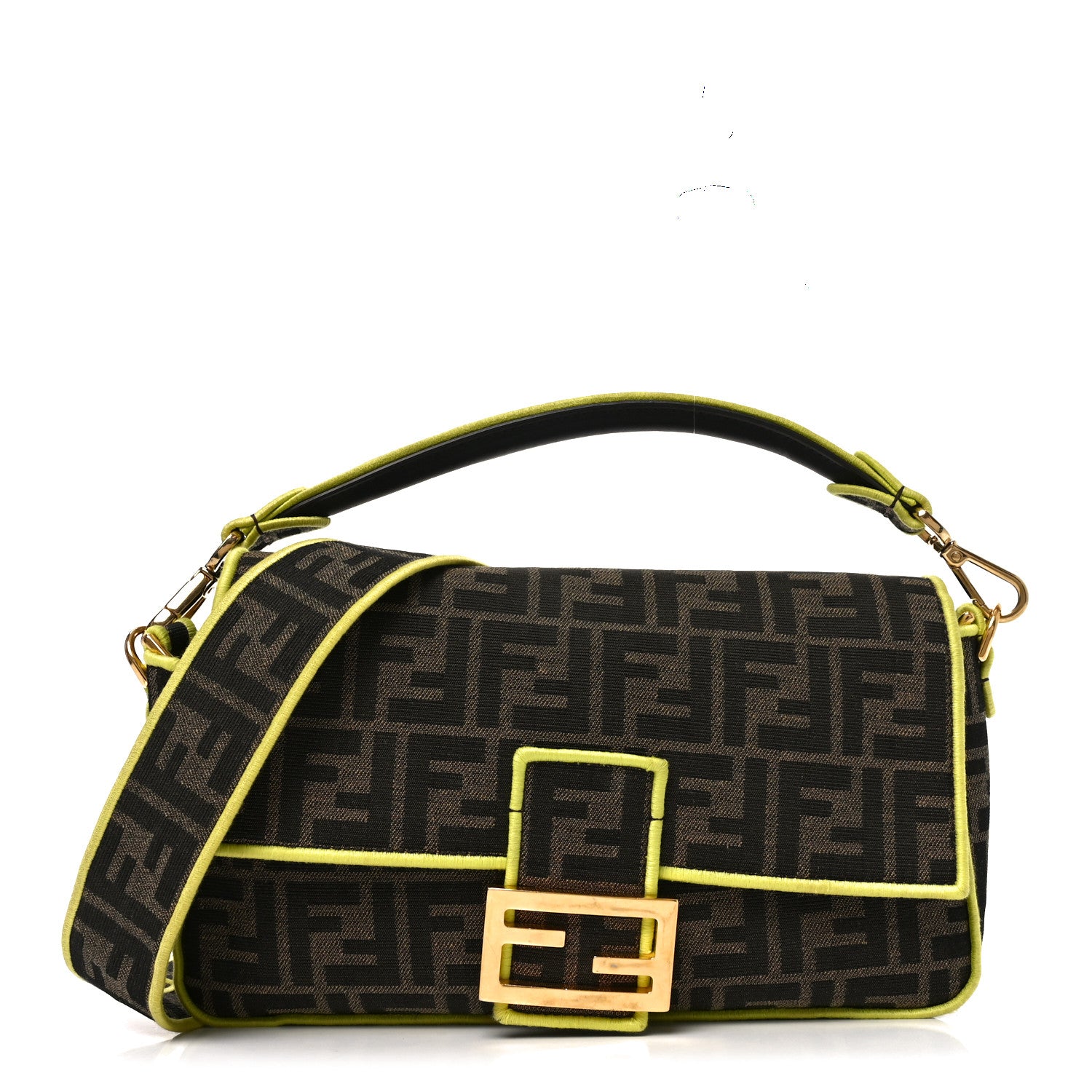 Fendi Fabric Jacquard FF 1974 Large Baguette Tobacco Moro Giallo Fluo 1 of 11