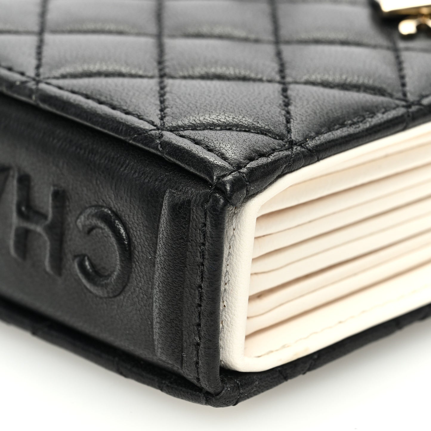Lambskin Quilted Book Card Holder on Chain Black