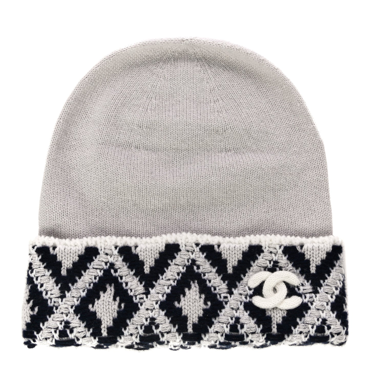 Cashmere Blend CC Beanie Hat White Navy Blue
