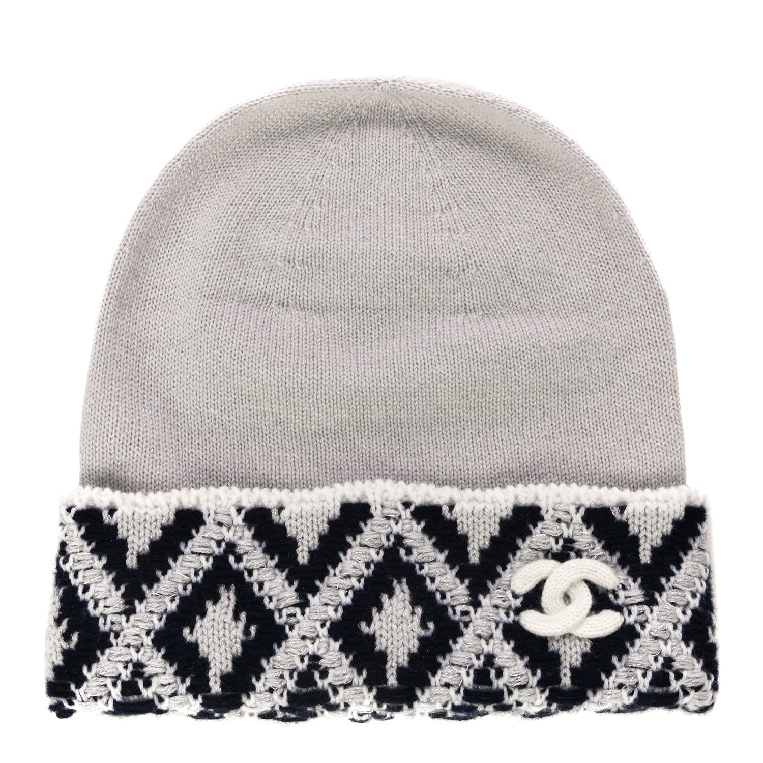 Chanel Cashmere Blend CC Beanie Hat White Navy Blue 1 of 9
