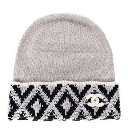 Chanel Cashmere Blend CC Beanie Hat White Navy Blue 1 of 9