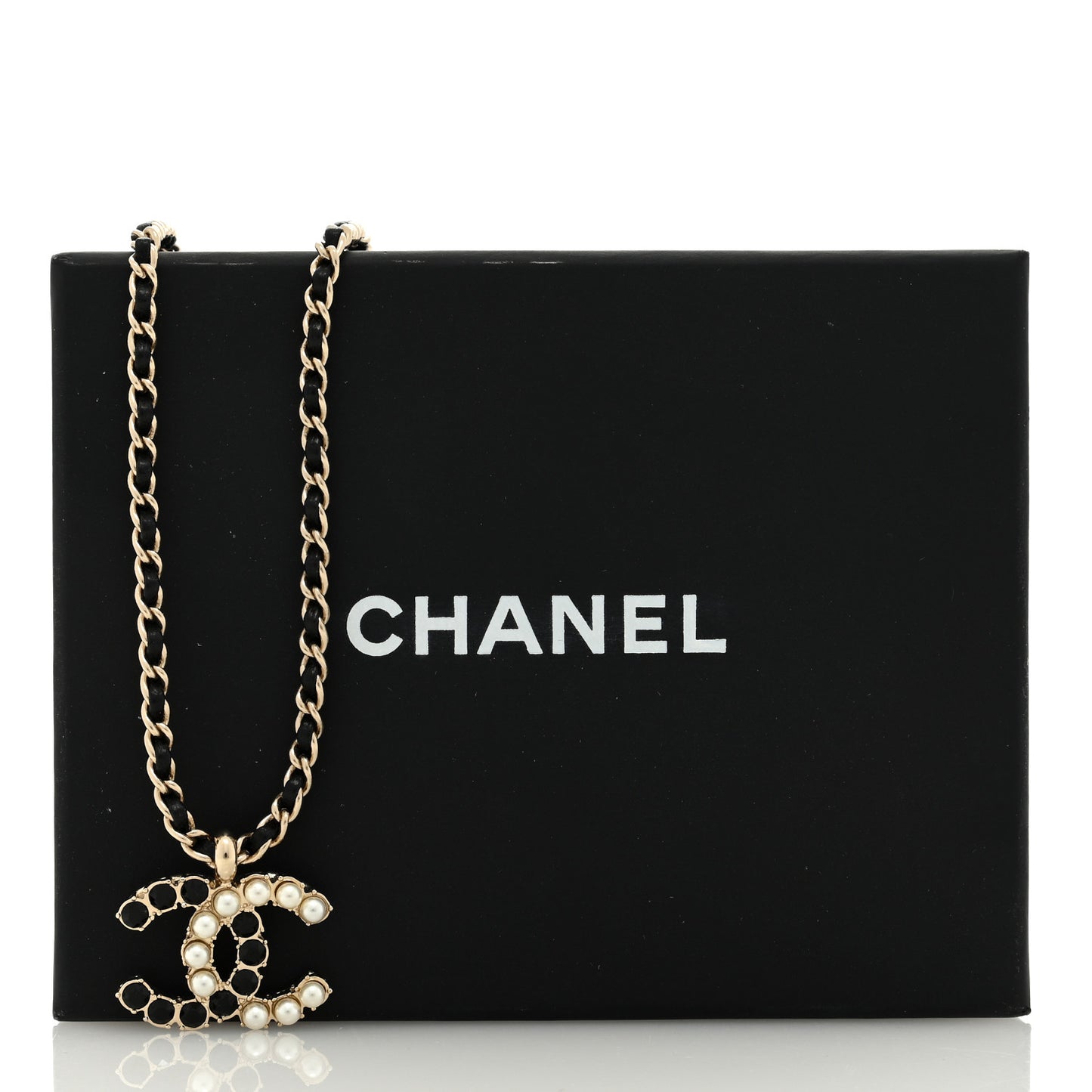 Pearl Crystal Lambskin Chain CC Short Necklace Black Gold