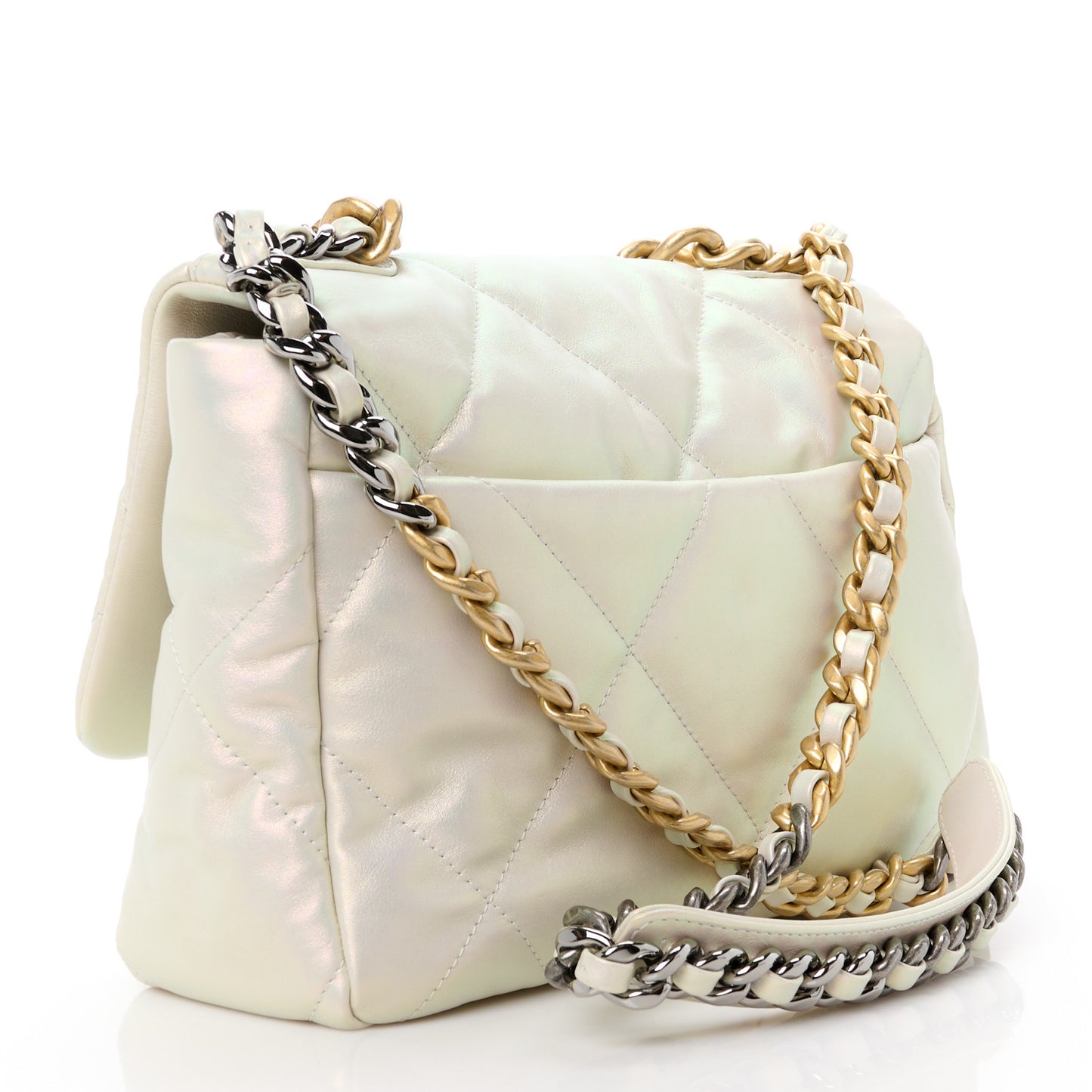 Iridescent Calfskin Quilted Large Chanel 19 Flap White
