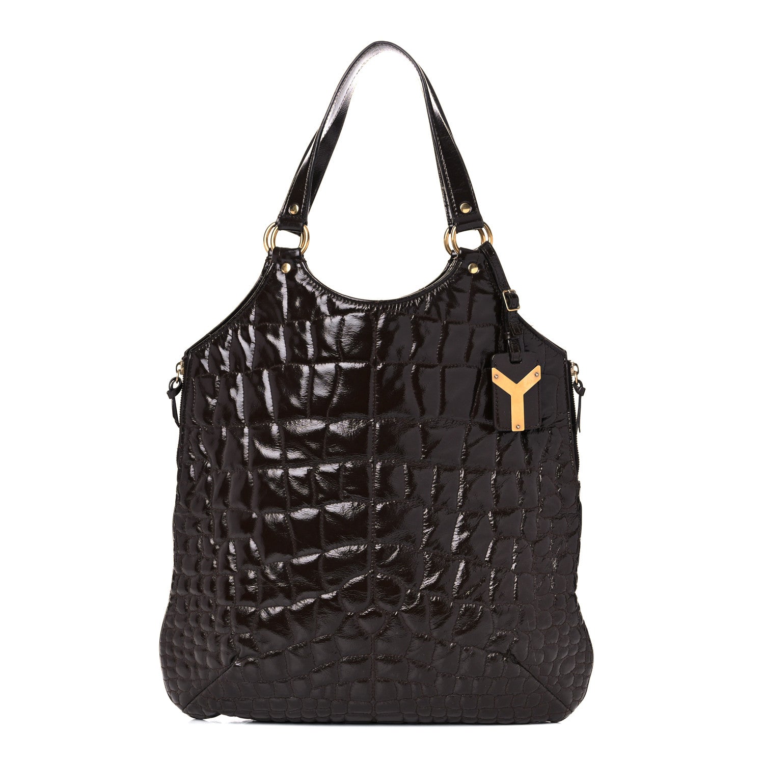 Saint Laurent Patent Crocodile Embossed Tribute Tote Brown 1 of 23