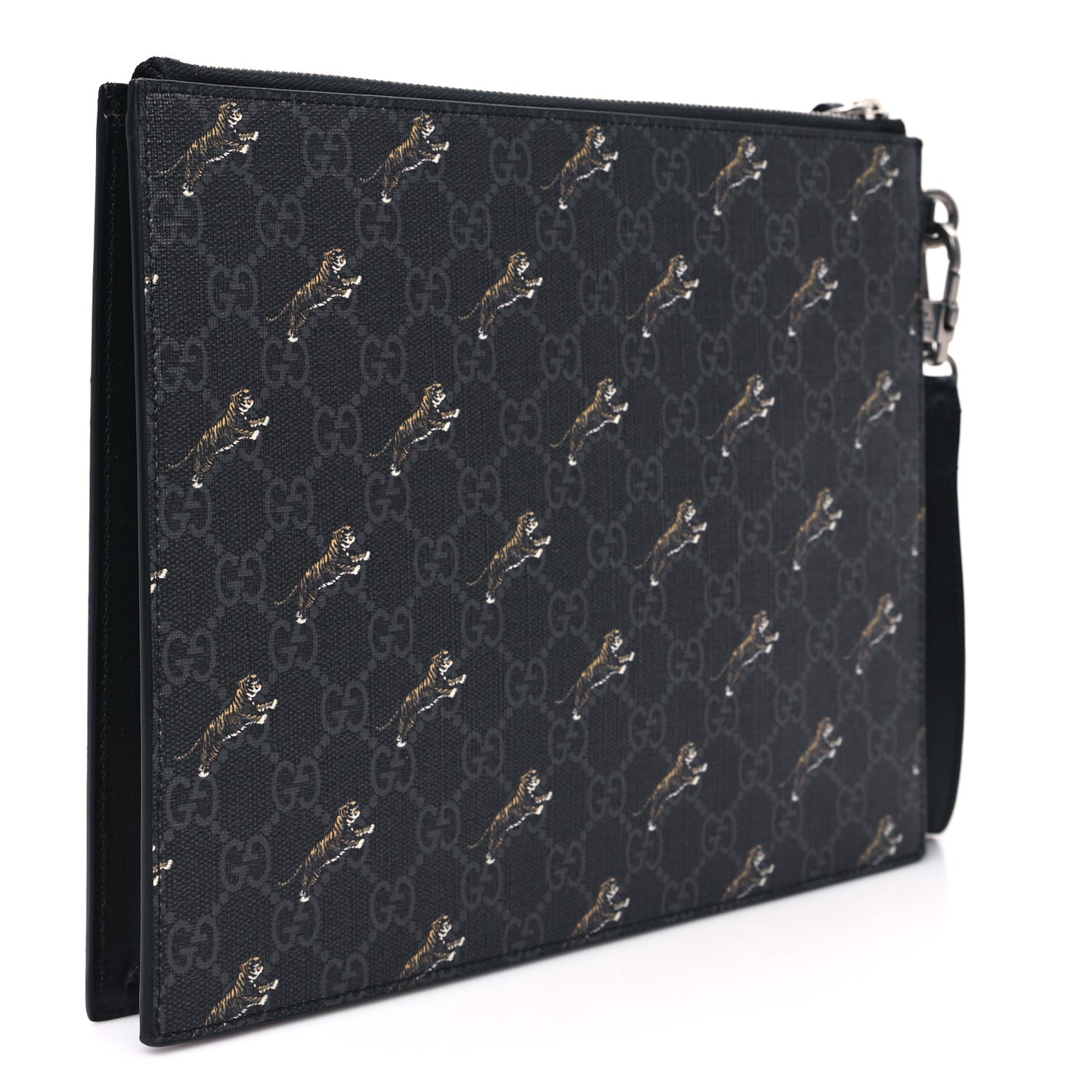 GG Supreme Monogram Tigers Zip Wristlet Pouch Black