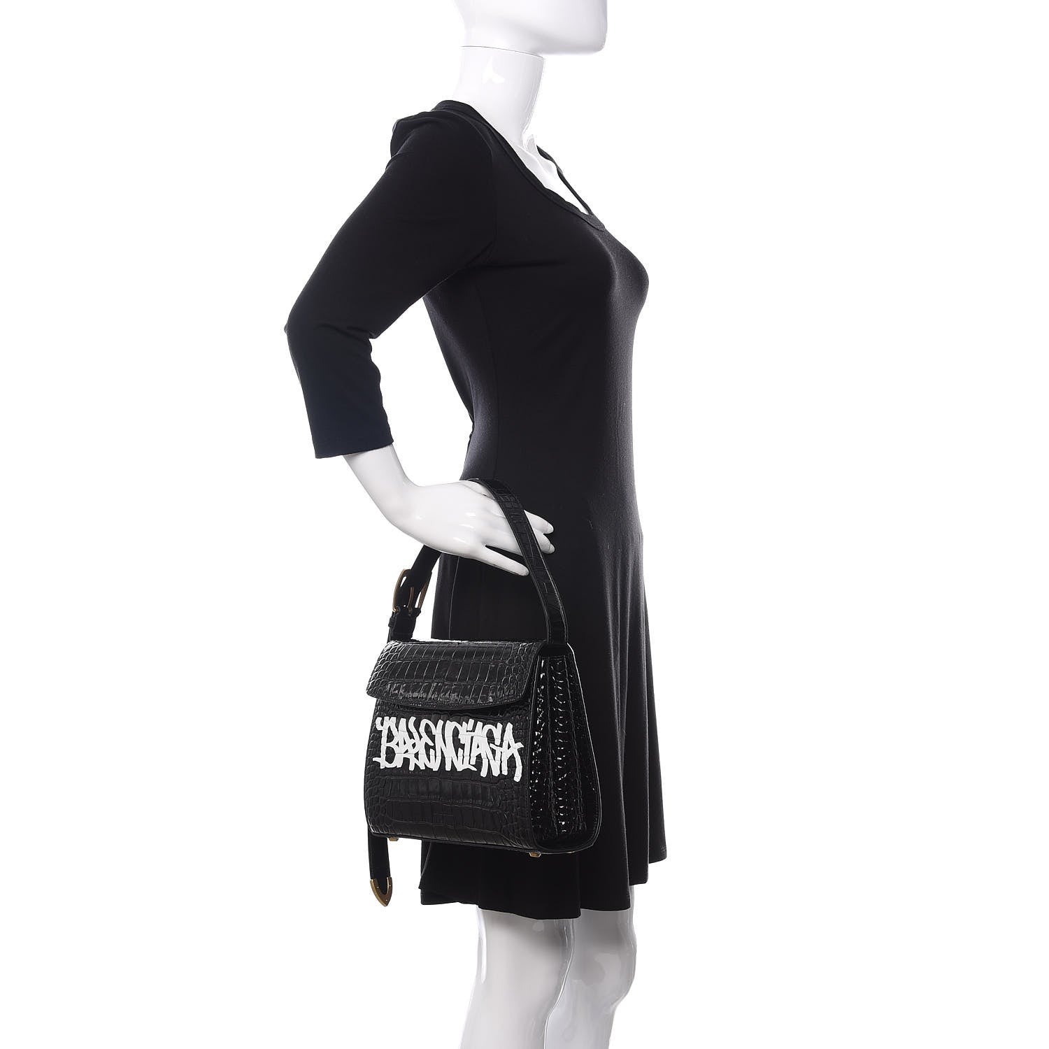 Balenciaga Shiny Calfskin Graffiti Logo Crocodile Embossed Medium Ghost Shoulder Bag Black White 2 of 10