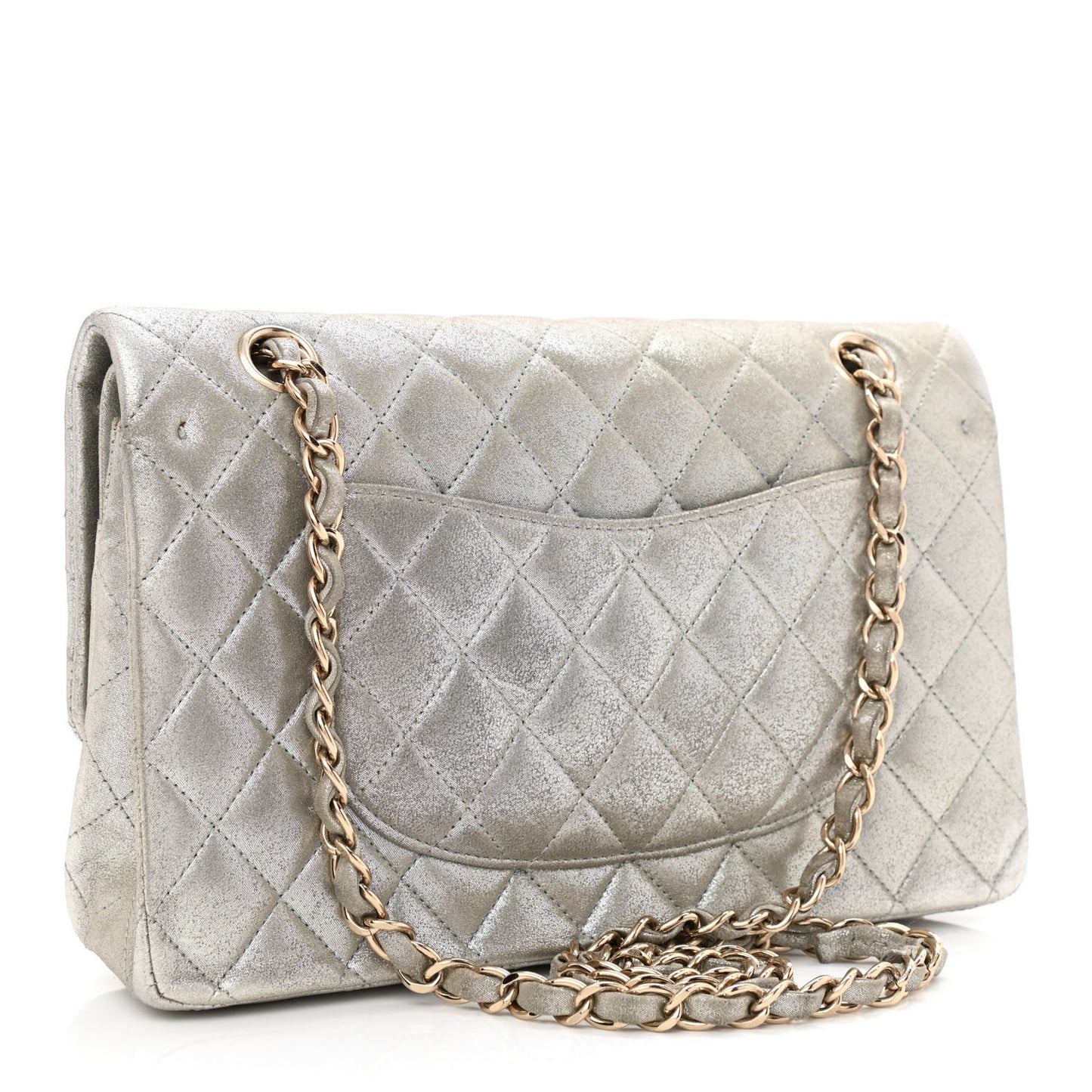 Iridescent Calfskin Medium Double Flap Silver