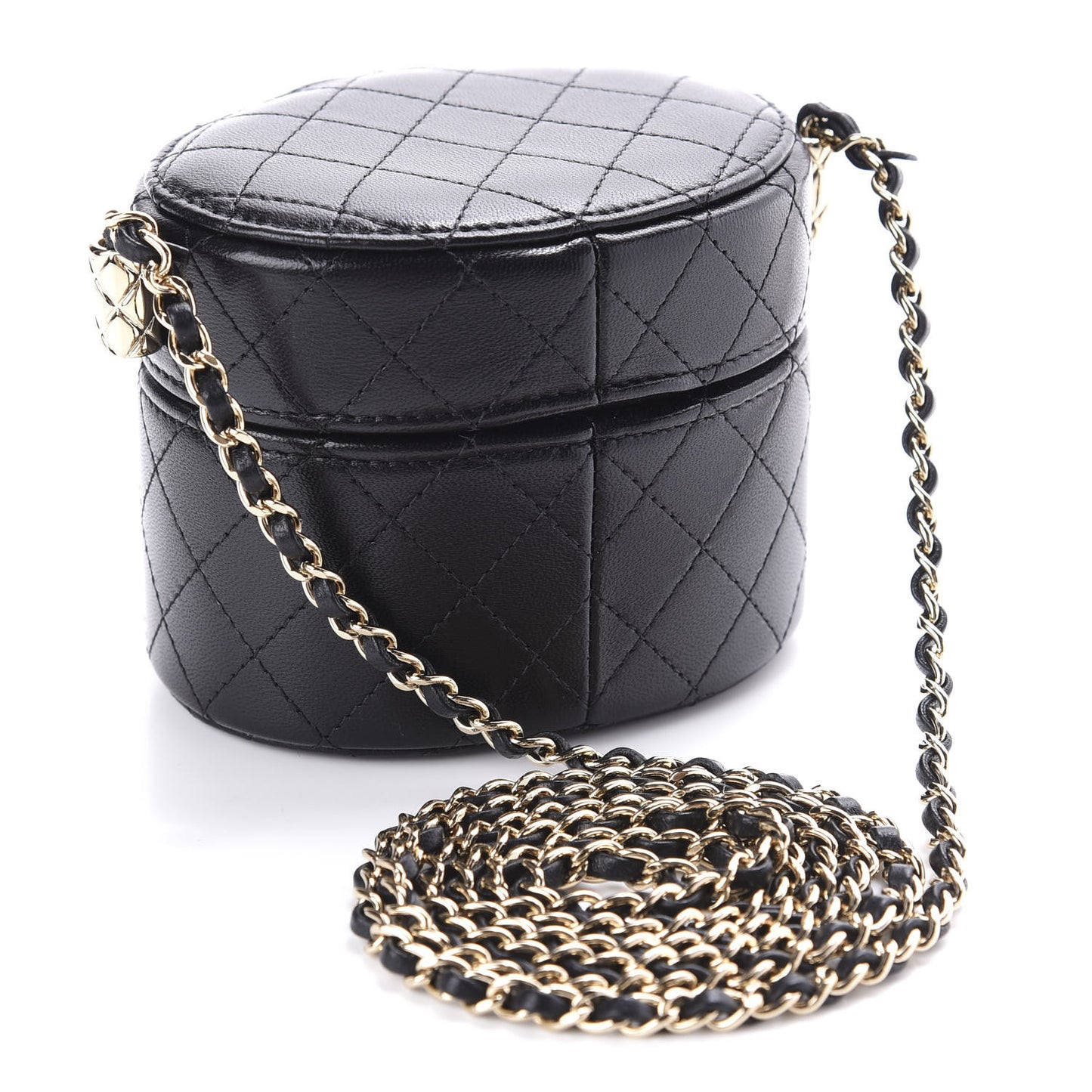 Lambskin Quilted Mini Round Vanity Case With Chain Black