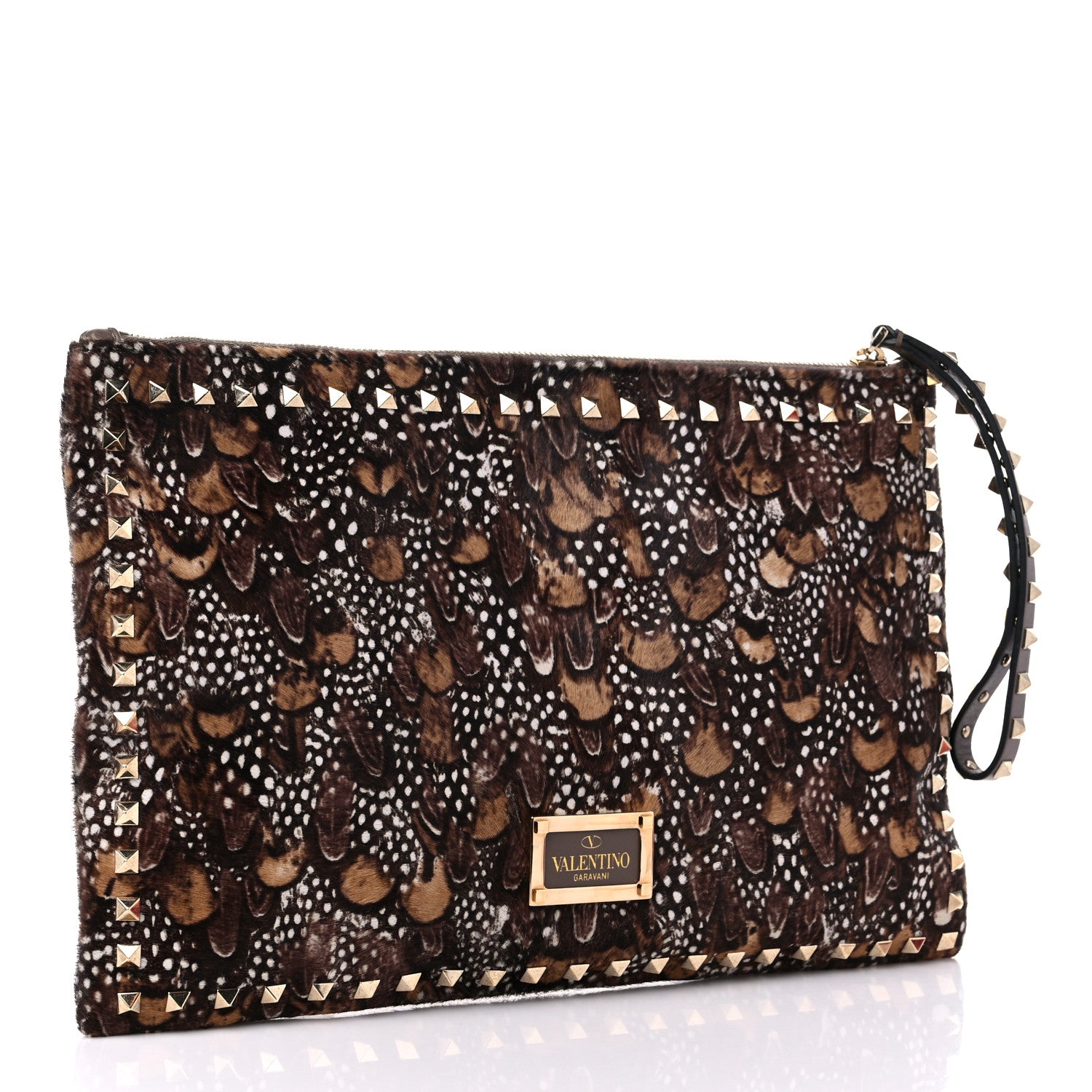 Valentino Garavani Calf Hair Feather Rockstud Zip Wristlet Pouch Brown 3 of 9