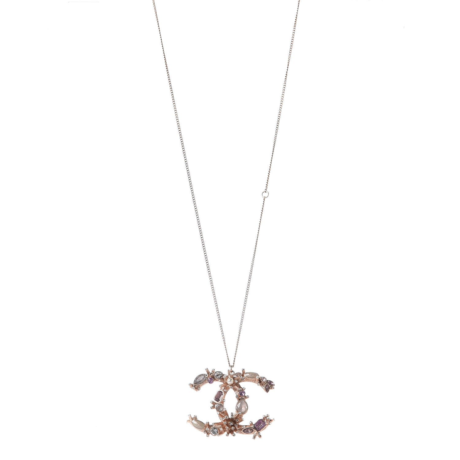 Chanel Resin Crystal CC Drop Necklace Rose Gold Violet 1 of 7