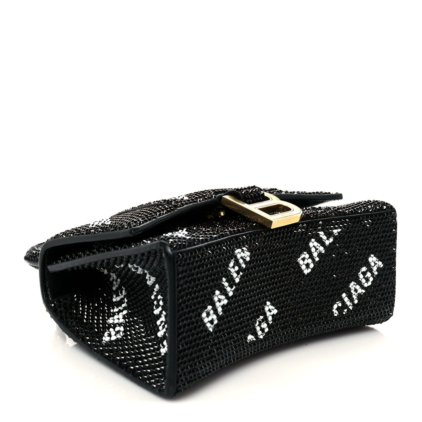 Strass Suede Allover Logo Hourglass Top Handle Bag XS with Chain Black White Black White